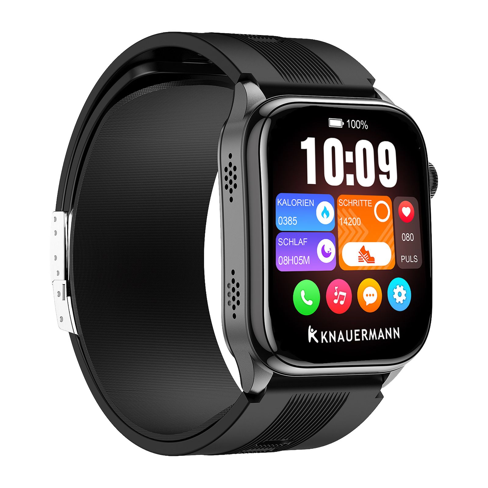Schwarze Smartwatch mit Displayanzeige von Kalorien, Schlaf, Schritten und Puls.