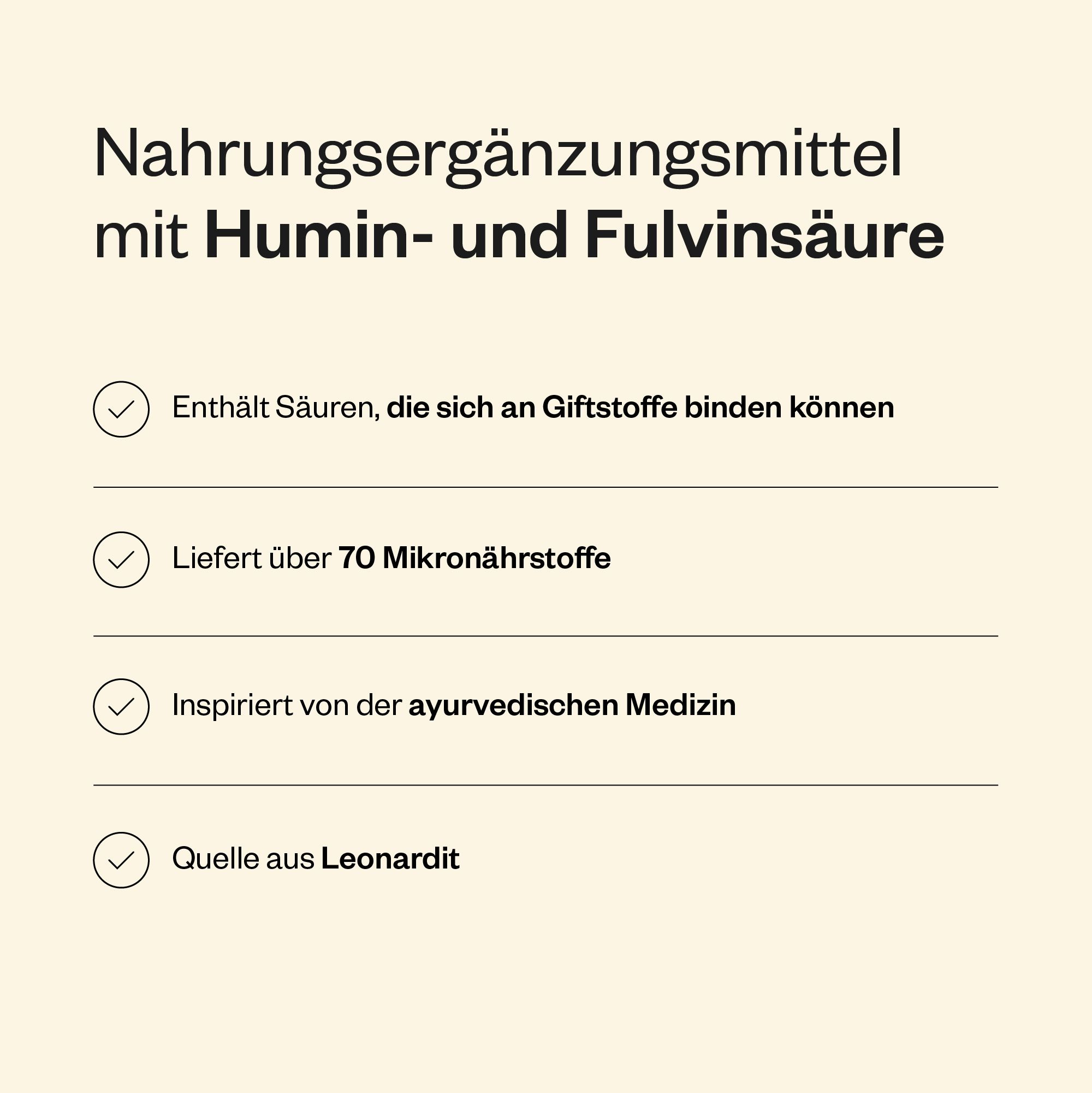 Infografik mit Text über Huminsäuren & Fulvinsäuren. Enthält Säuren, liefert Mikronährstoffe, inspiriert von Ayurveda.