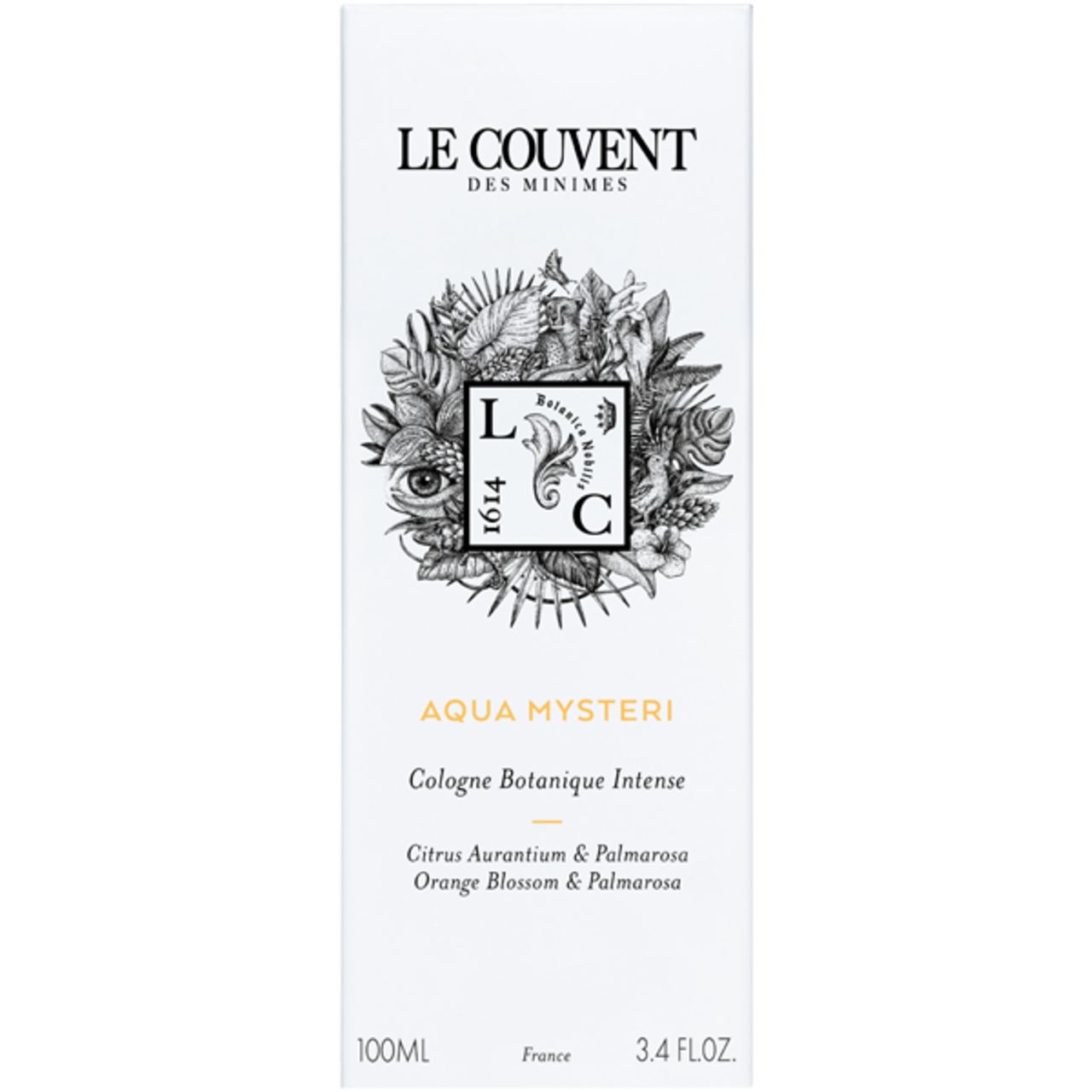 Weiße Verpackung mit Aufschrift: Le Couvent des Minimes, Aqua Mysteri, Cologne Botanique Intense. Logo mit floralen Elementen.
