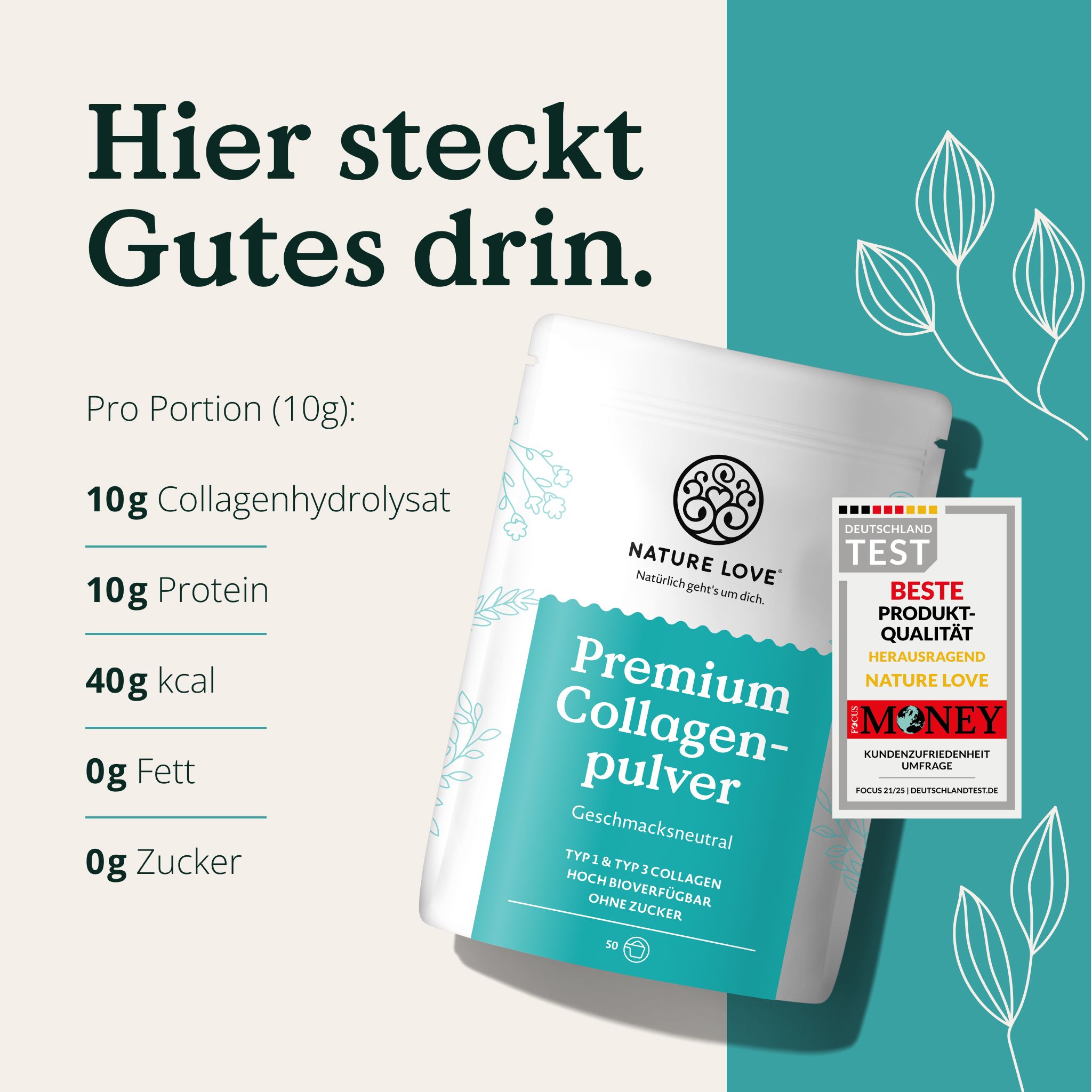 Tüte NATURE LOVE Premium Kollagenpulver, Nährwertangaben, Test-Siegel.