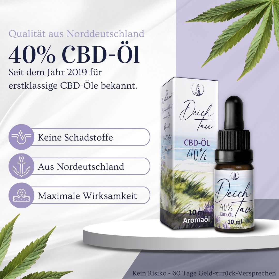 Glasflasche und Karton mit "Deich Tau CBD-Öl 40%". Text: "Qualität aus Norddeutschland".