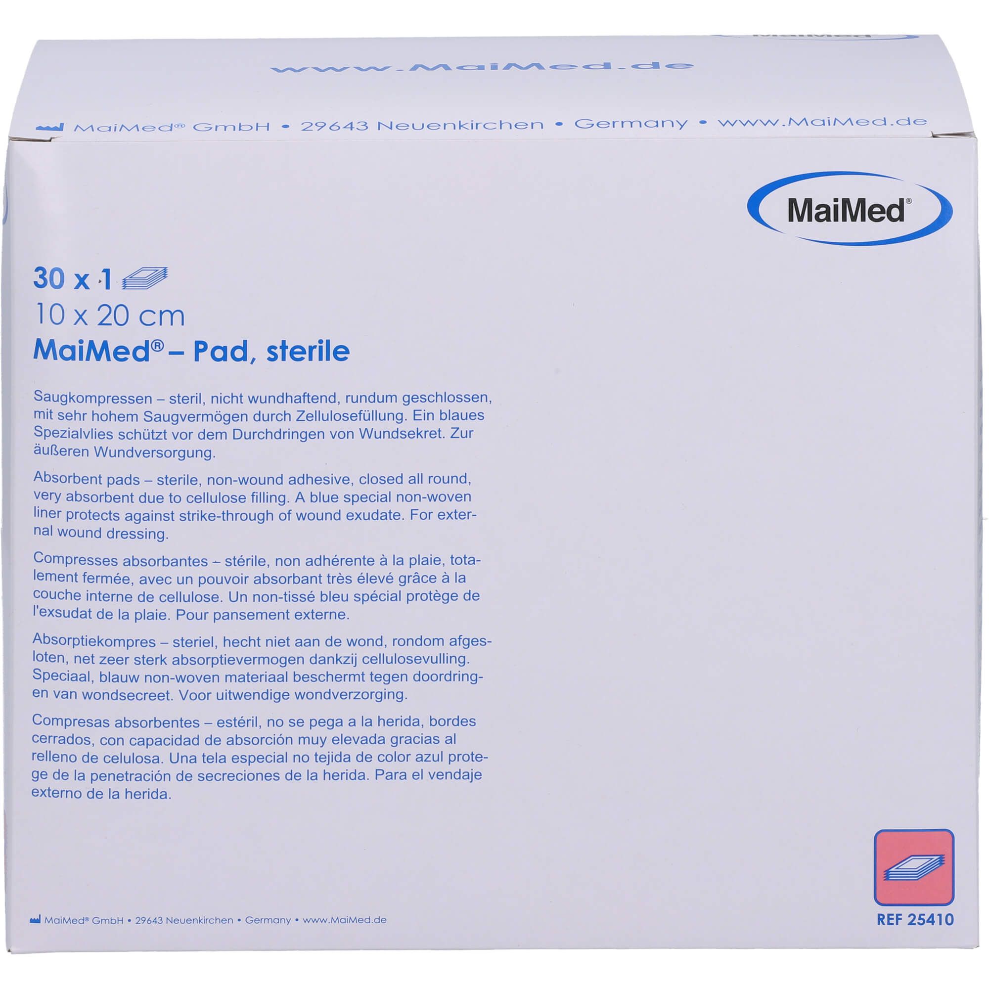 Verpackung MaiMed Pad Saugkompressen steril. 10 x 20 cm. Produktinformationen auf der Verpackung.