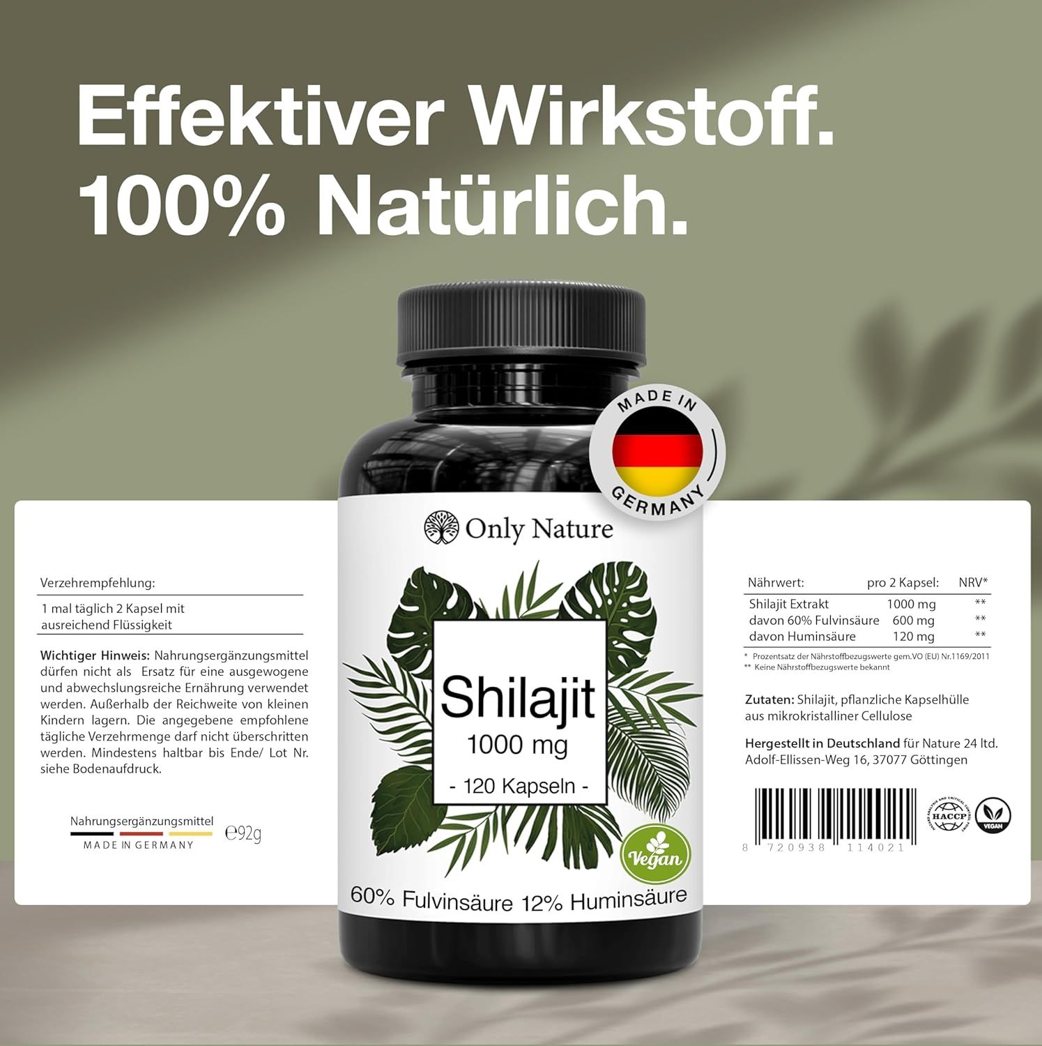 Flasche mit Etikett, Text: Shilajit 1000 mg, 120 Kapseln. Made in Germany. Vegan-Siegel. Nährwerttabelle.