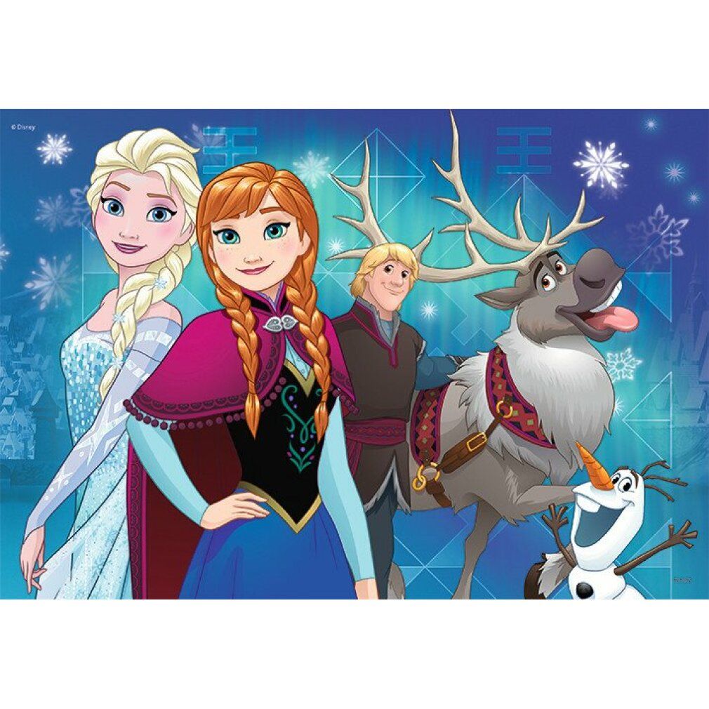 Puzzle mit Elsa, Anna, Olaf, Kristoff und Sven. Hintergrund mit Schneeflocken. Figuren aus dem Film Frozen.