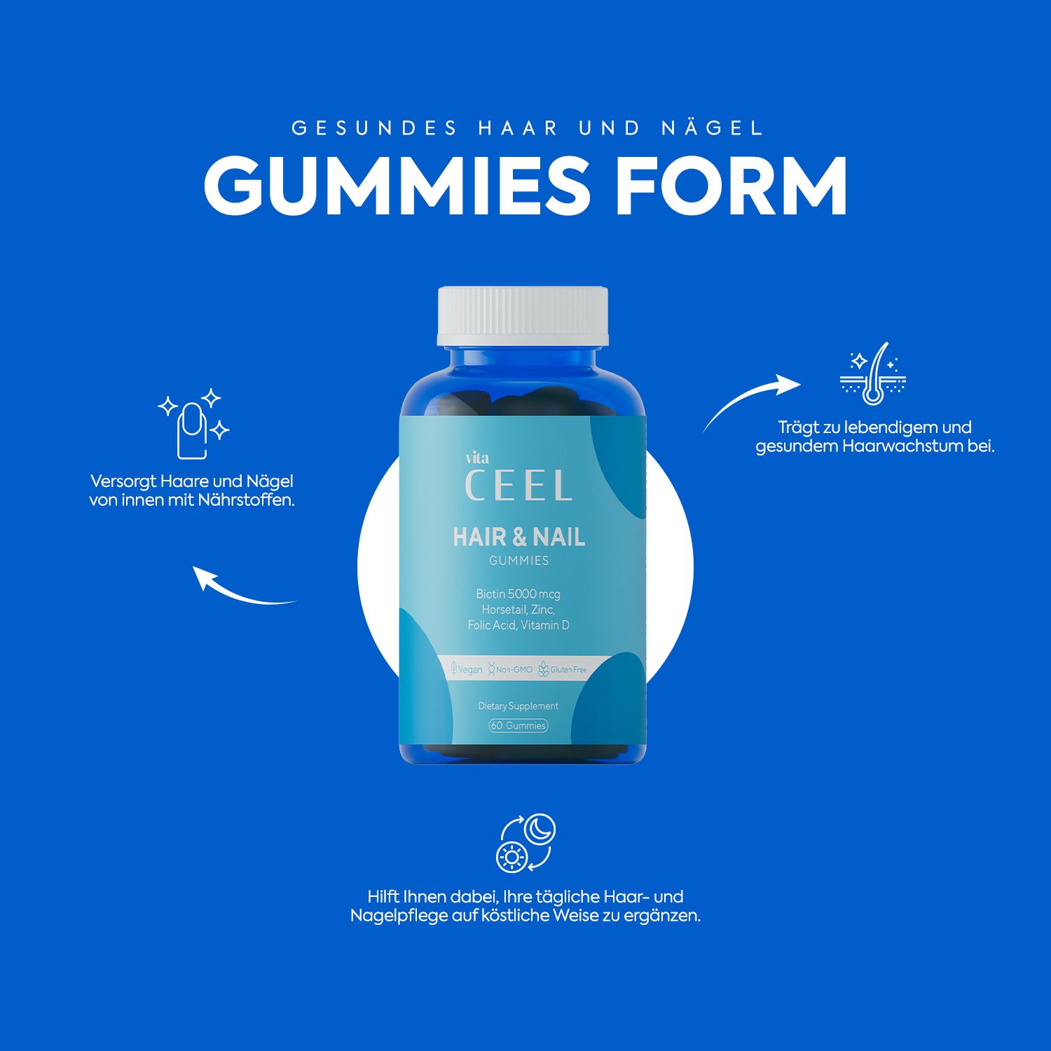 VİTA CEEL Hair & Nail Gummies Flasche mit Infografiken zu Haaren, Nägeln und Wachstum.