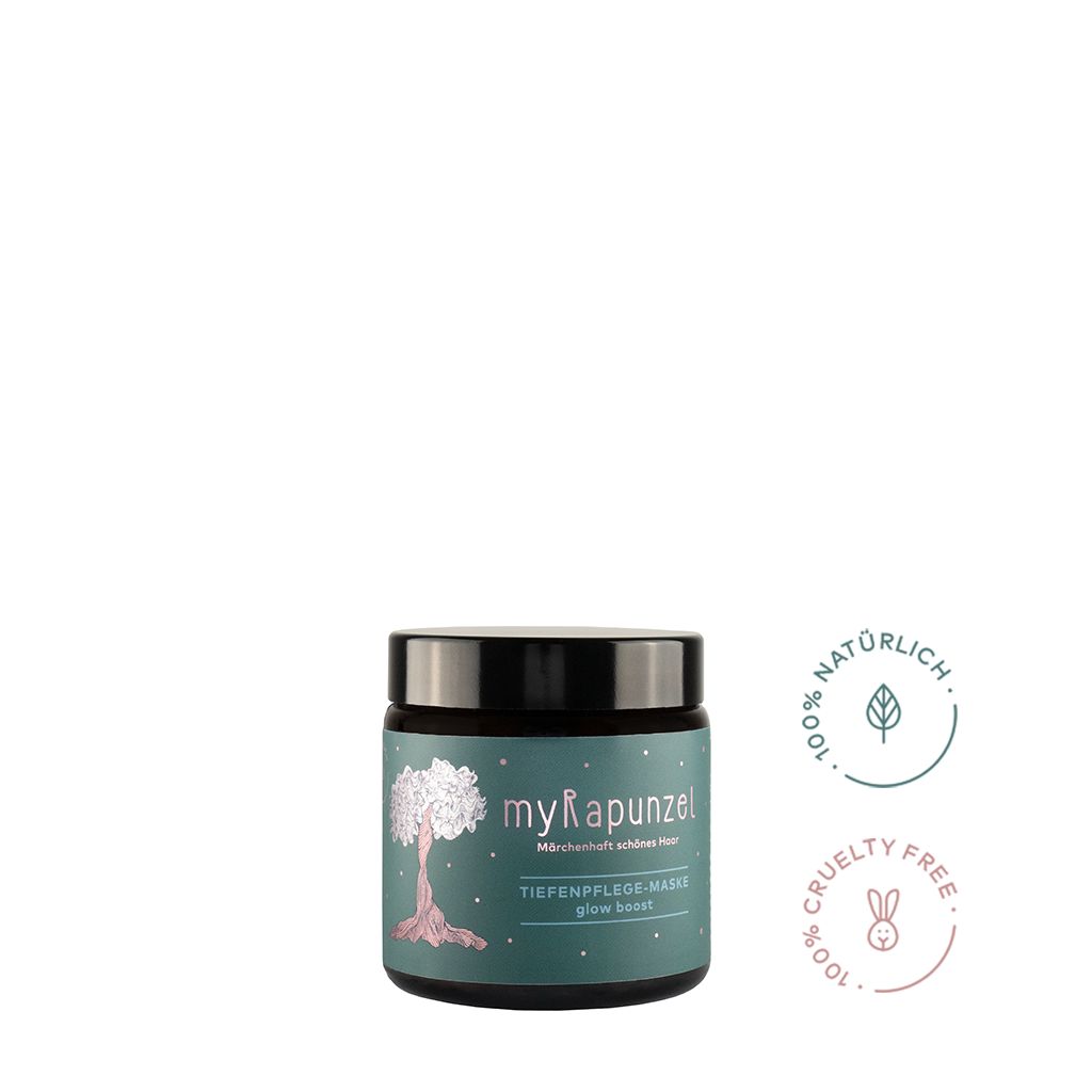 Tiegel mit Deckel. Aufschrift myRapunzel Tiefenpflege-Maske. Logos: natürlich, cruelty free.