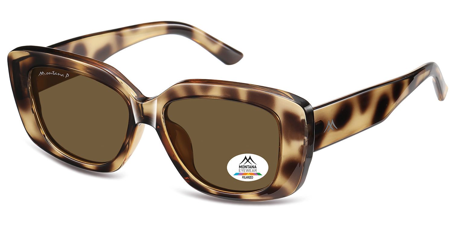 Sonnenbrille mit braunen Gläsern und braunem Rahmen. Logo Montana Eyewear und Polarized-Aufkleber. Eckige Form.