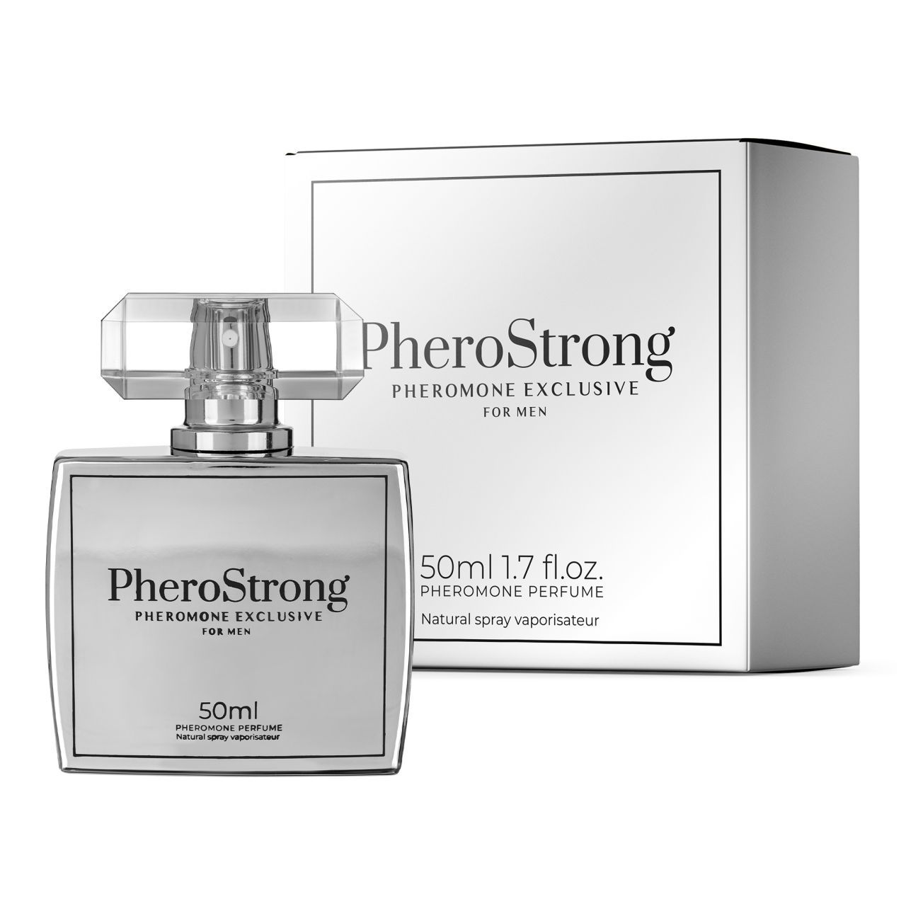 Flakon und Verpackung. Flakon silberfarben, Sprühkopf. Verpackung weiß. Aufschrift: PheroStrong, Pheromone Exclusive für Männer.