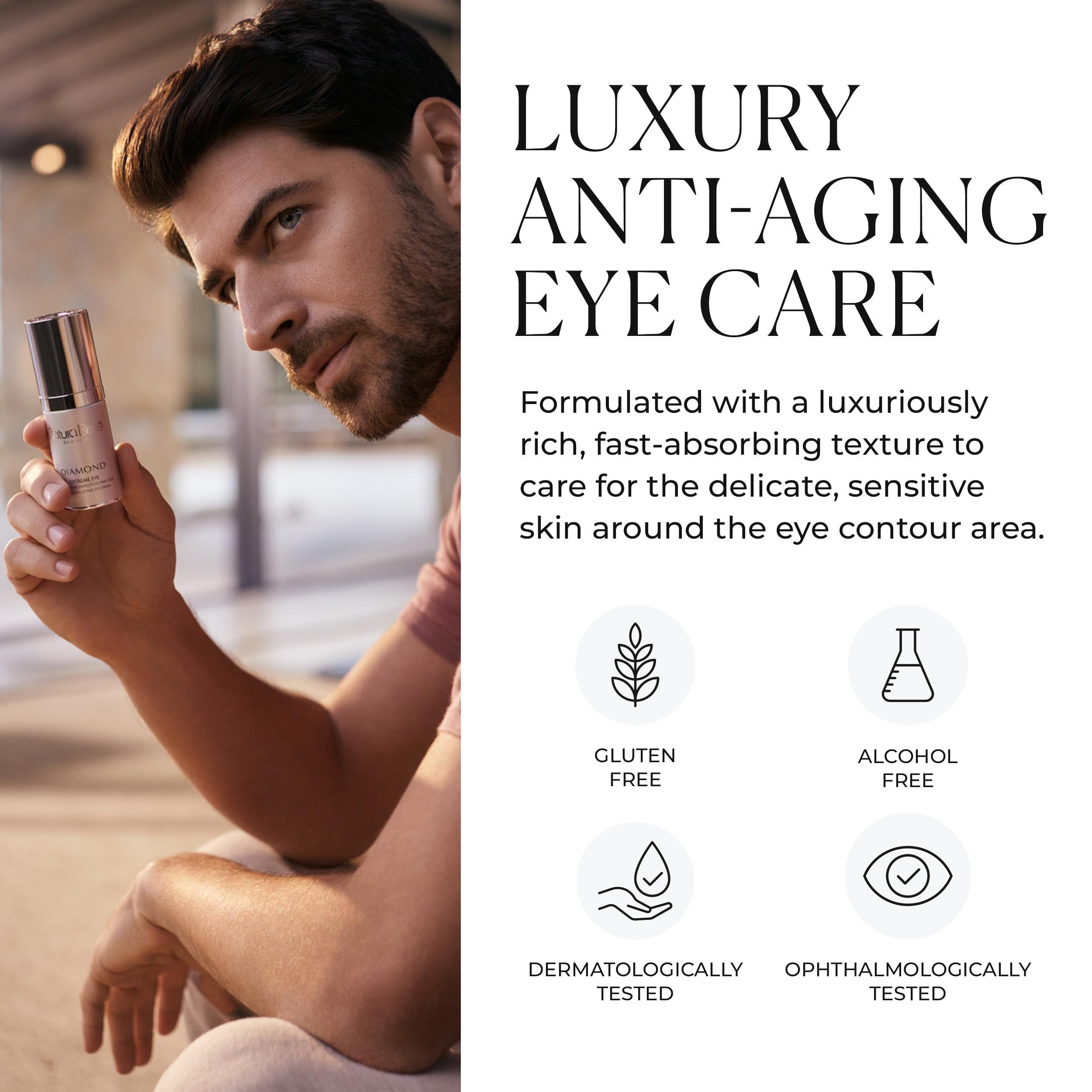 Mann hält Flasche. Text: LUXURY ANTI-AGING EYE CARE. Icons: Gluten Free, Alcohol Free, Dermatologically Tested.