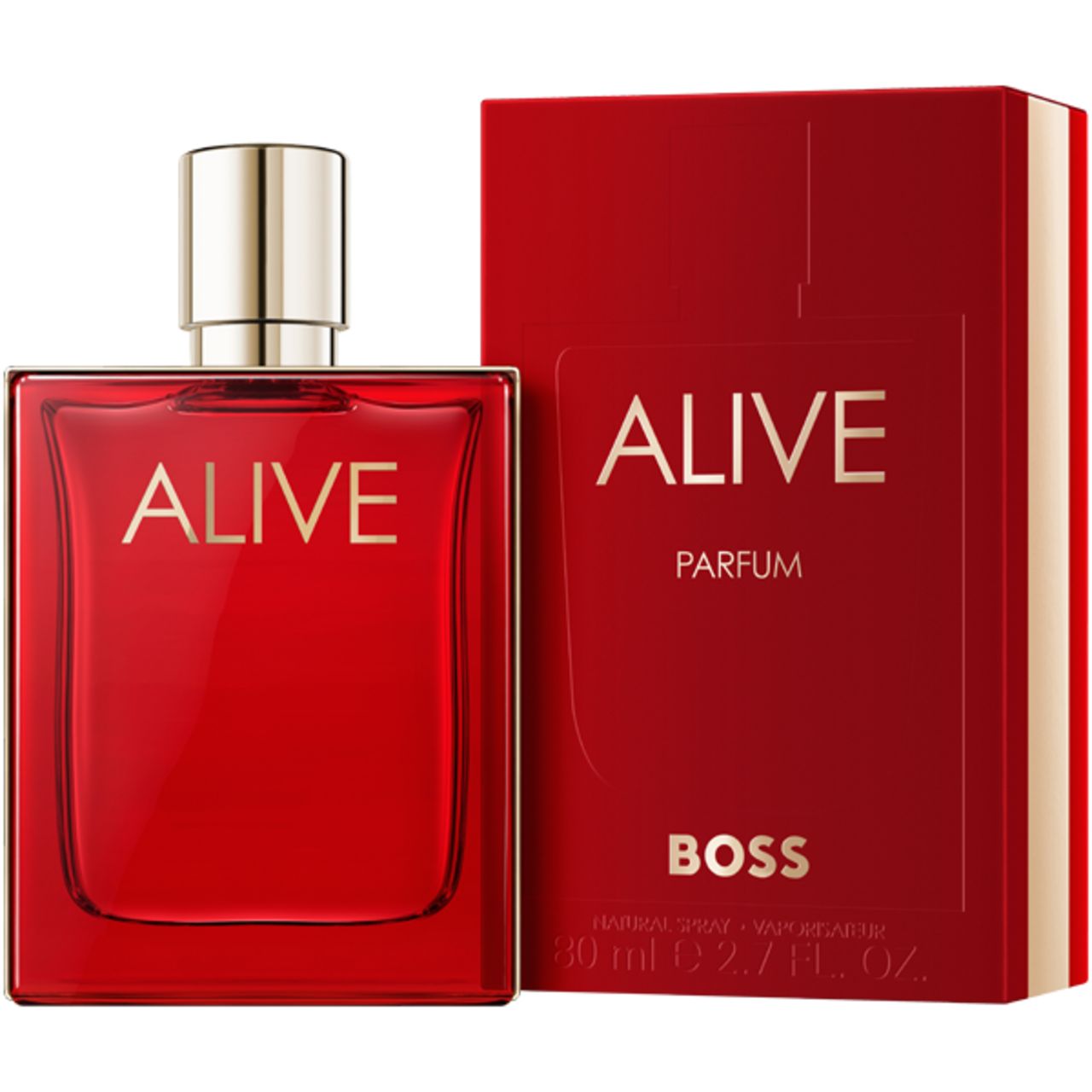 Roter Flakon mit goldfarbenem Verschluss und roter Verpackung. Aufschrift: ALIVE, PARFUM, BOSS. 30 ml.