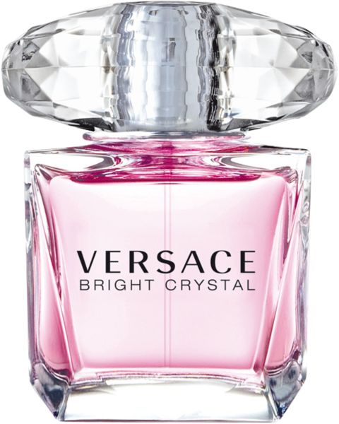 Versace Bright Crystal Eau De Toilette Flakon mit rosa Flüssigkeit und facettiertem Verschluss.