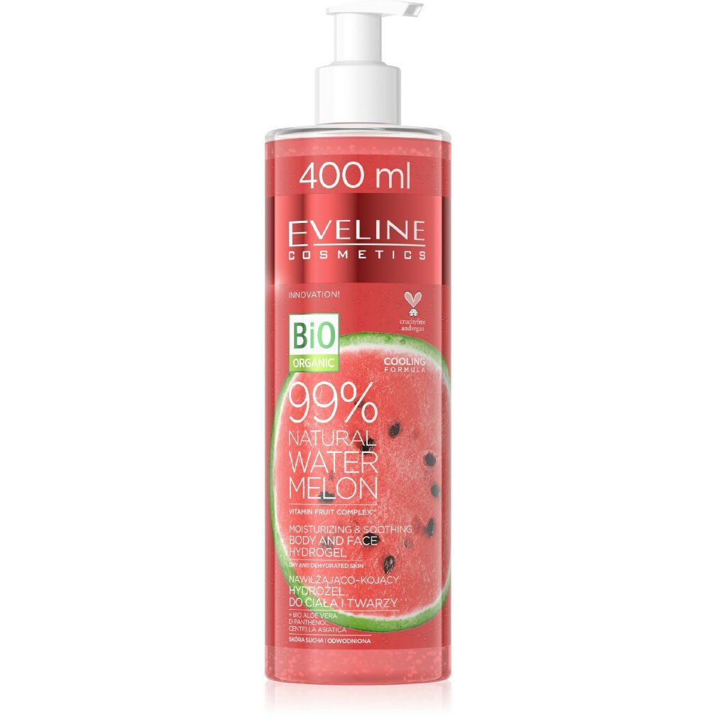 Transparente Flasche mit roter Flüssigkeit und Pumpe. Aufschrift: Eveline Cosmetics, 99% Natural Watermelon, Hydrogel.