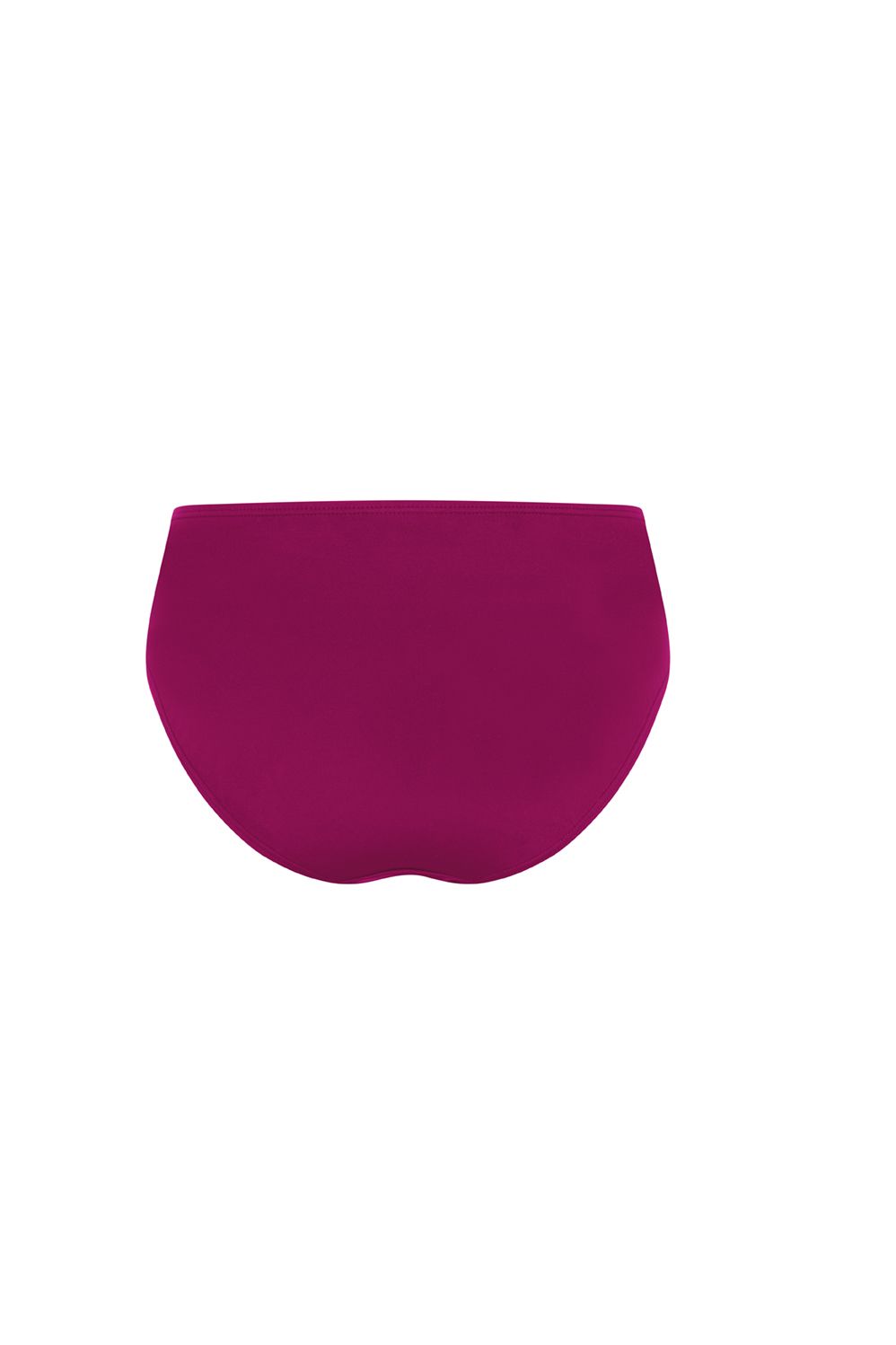Rückansicht eines hoch taillierten Bikini-Slips in Beerenton. Glattes, blickdichtes Material.