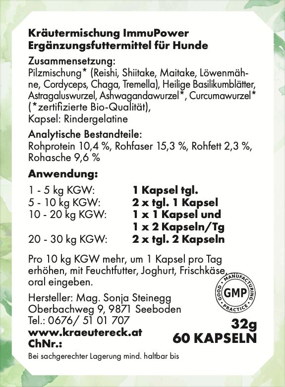 Etikett mit Produktinformationen. Text: Kräutermischung ImmuPower, Ergänzungsfuttermittel für Hunde, Inhaltsstoffe, Dosierung.