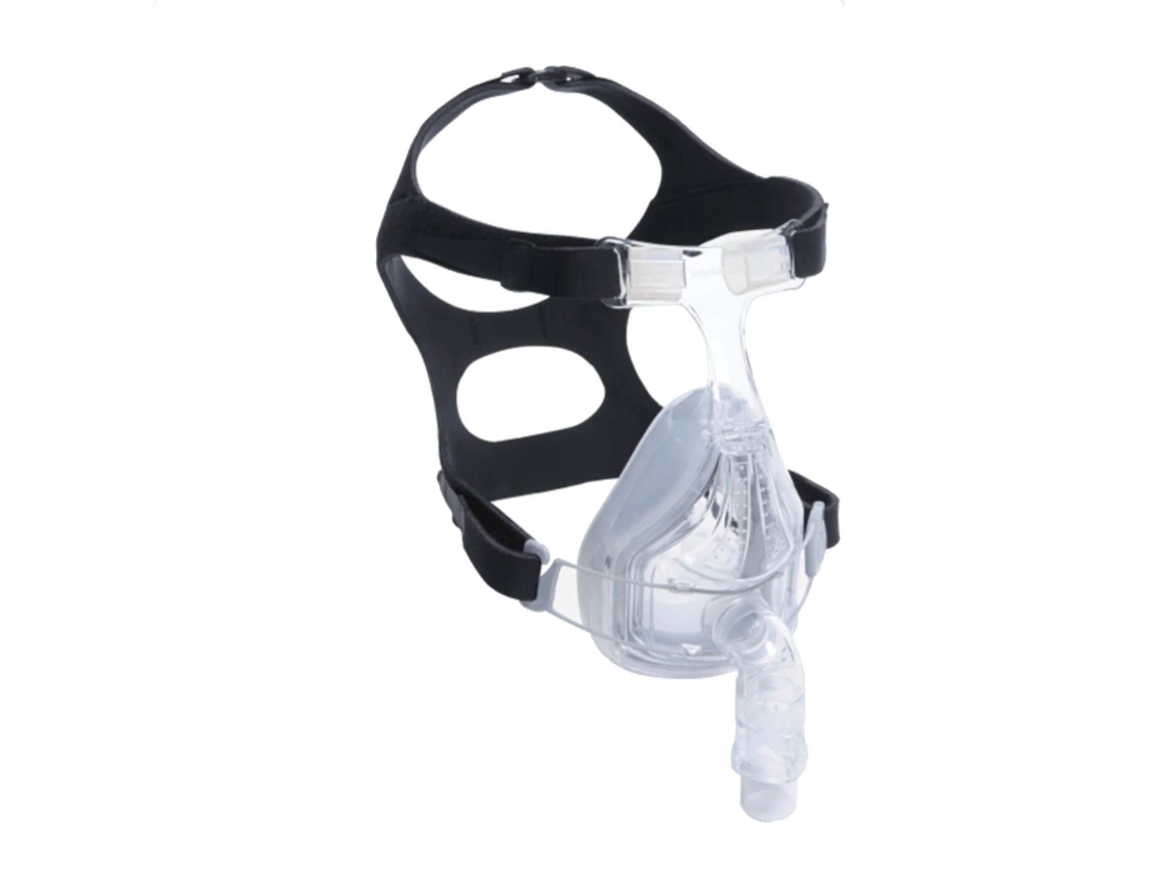 Transparente Schlaftherapie-Vollgesichtsmaske mit schwarzem Kopfband und verstellbaren Clips.