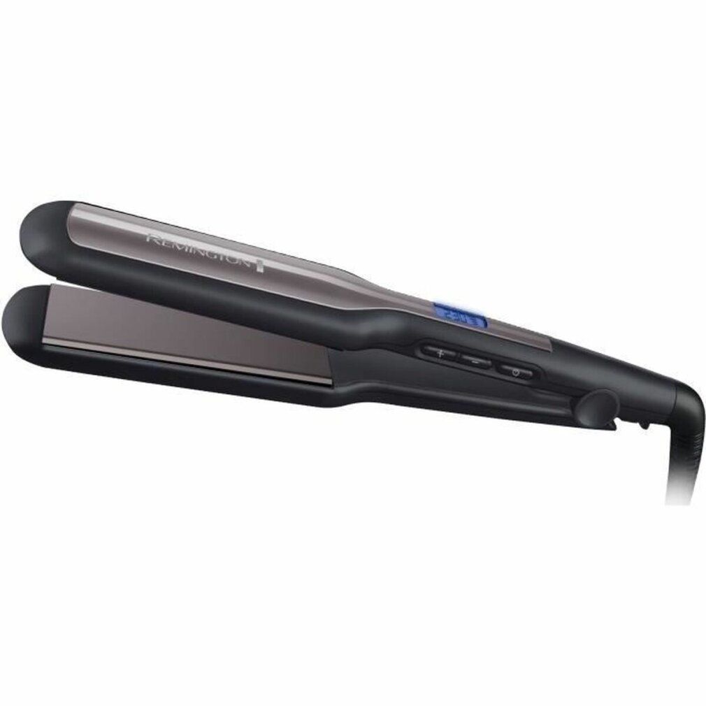 Haarglätter mit schwarzem Griff und grauen Heizplatten. Marke Remington. Digitalanzeige.