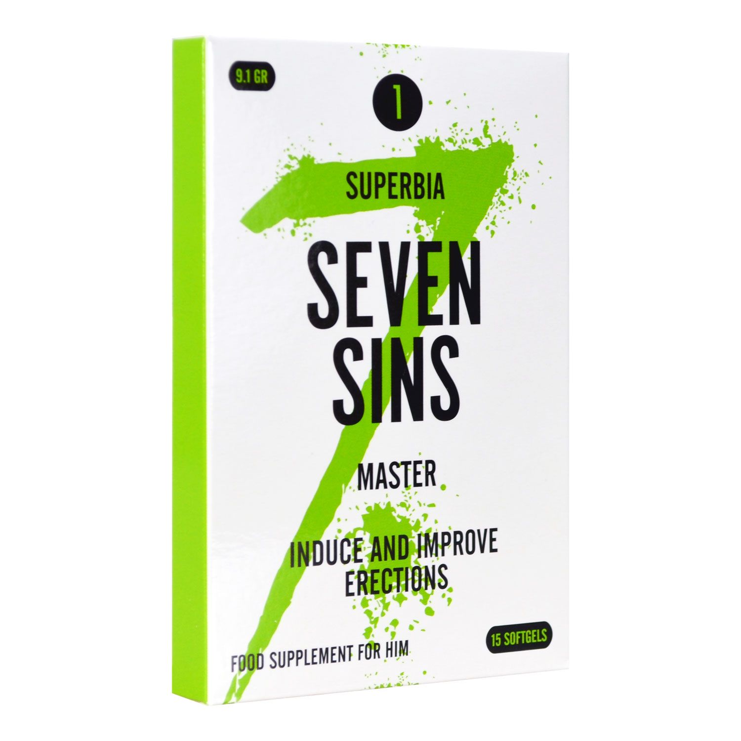 Weiße Schachtel mit grüner Grafik und Text. Aufschrift: SUPERBIA SEVEN SINS MASTER. 15 Softgels.