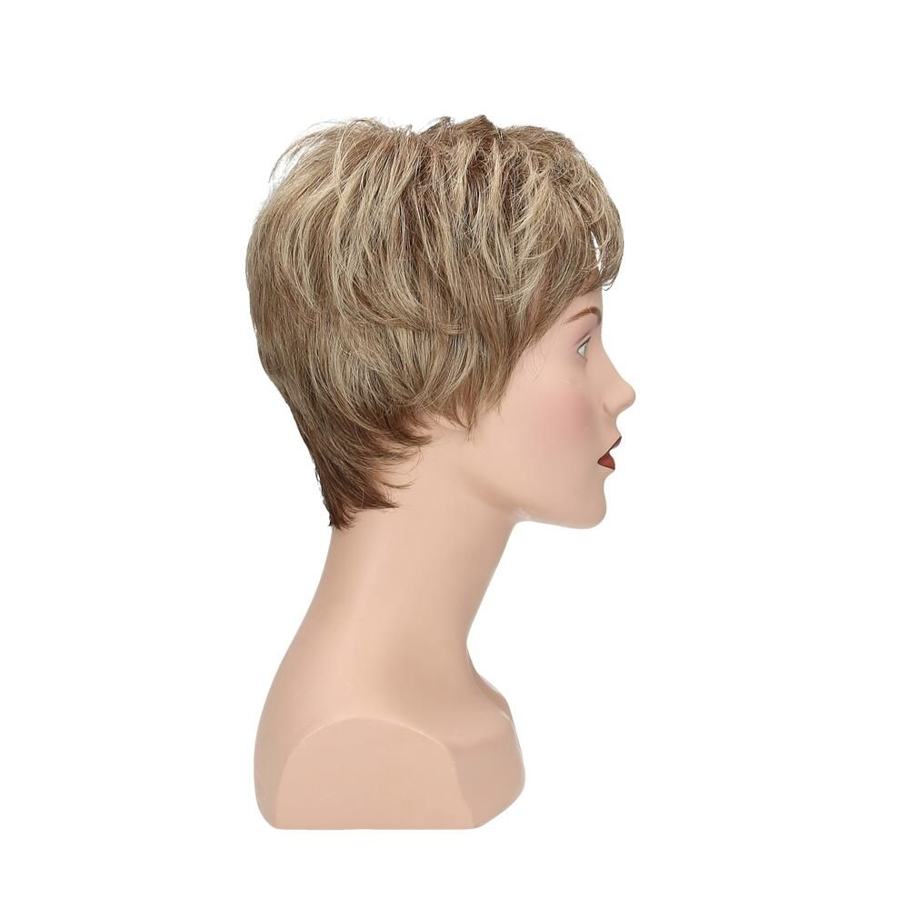 Perücke Marrakesch, blond-braun, auf einem Schaufensterkopf. Seitenansicht.