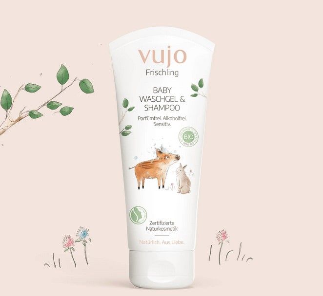 Baby Waschgel & Shampoo in Tube. Illustrationen von Ferkel und Hase. Zertifizierte Naturkosmetik. Aufschrift: Parfumfrei, Alkoholfrei, Sensitiv.