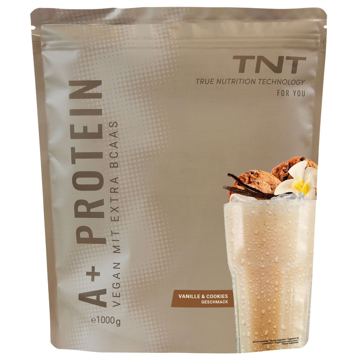 Standbodenbeutel TNT A+ Protein Vanille Cookie Geschmack, 1000g.