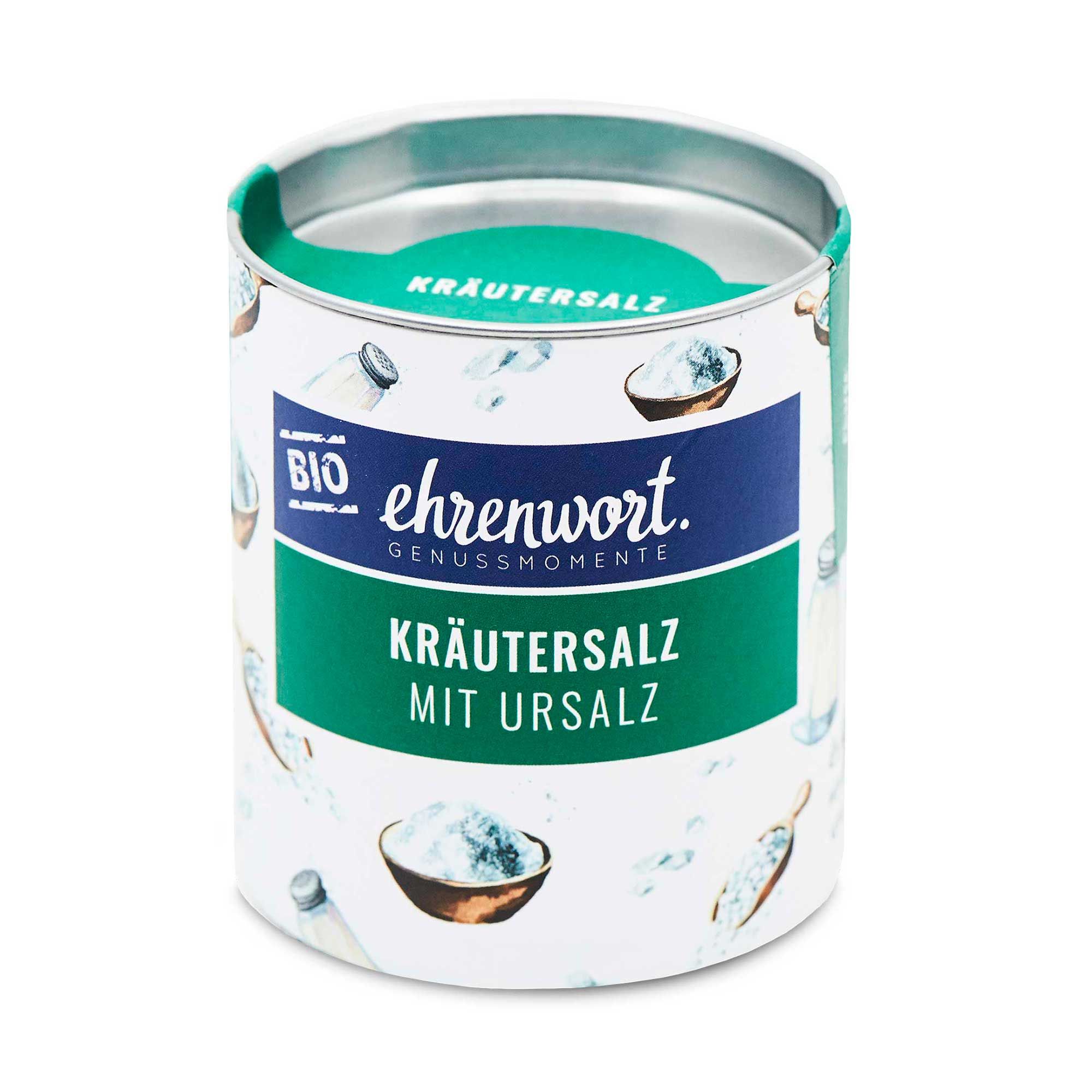 Zylindrische Dose mit Kräutersalz. Aufschrift: ehrenwort. Bio Kräutersalz mit Ursalz. Grün-weiße Verpackung mit Illustrationen.