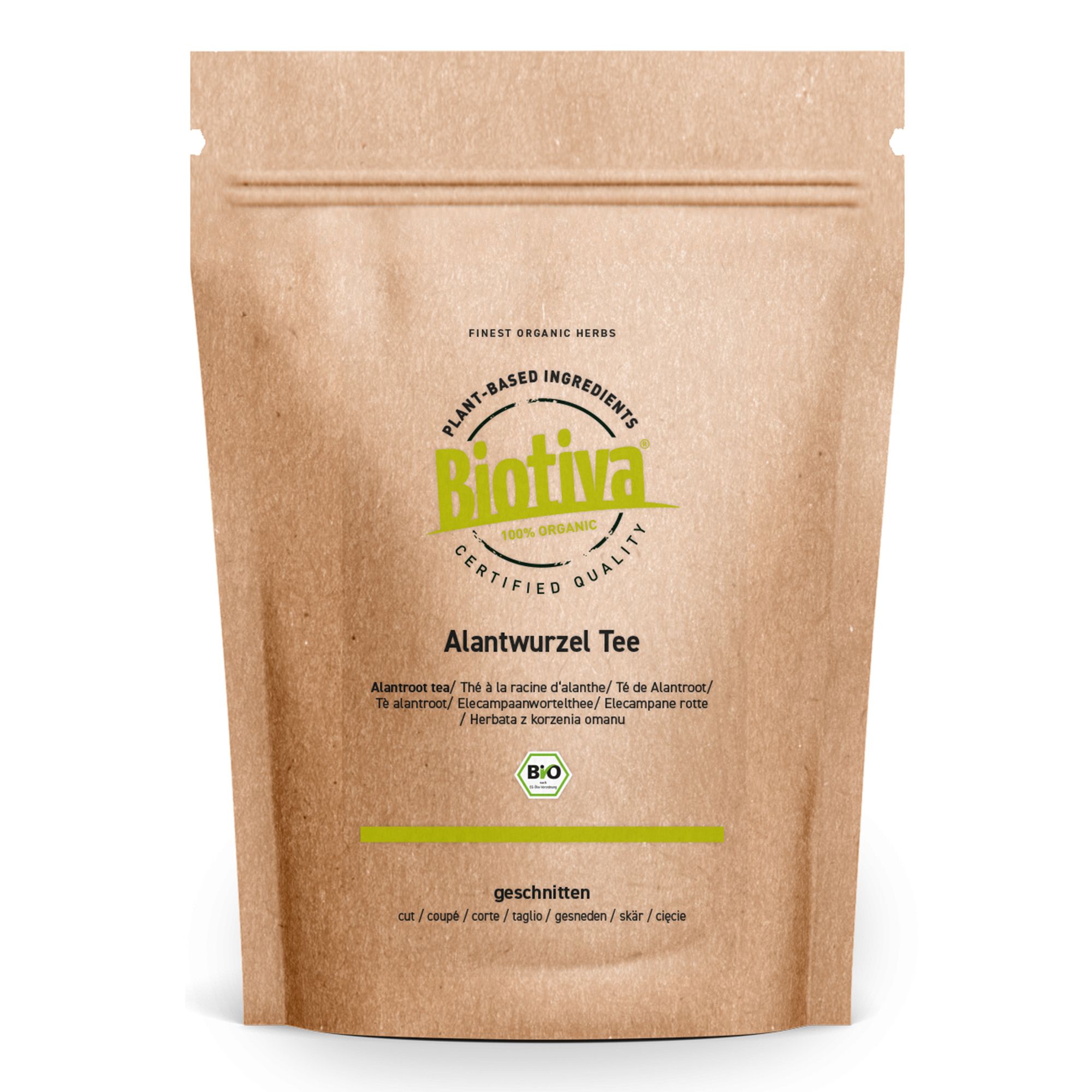 Braune Papierverpackung mit Aufdruck. Text: Biotiva, Alantwurzel Tee, geschnitten, Bio-Siegel.