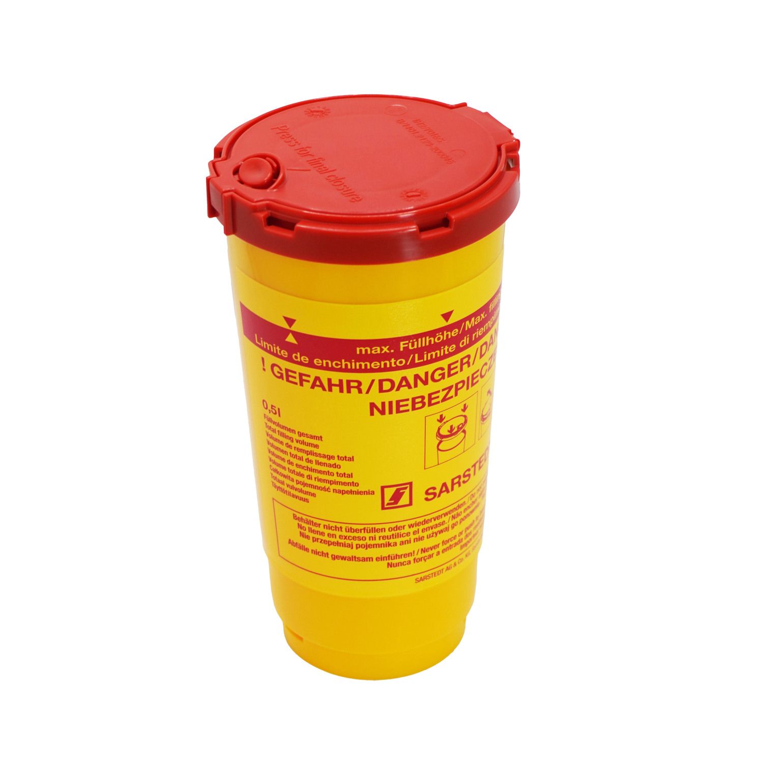 Gelber Abwurfbehälter mit geschlossenem rotem Deckel. Aufschrift: SARSTEDT MULTI-SAFE. Warnhinweise und Füllstandsanzeige.