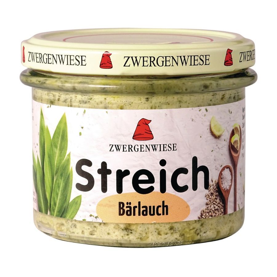 Glas mit Aufstrich. Deckel mit Schriftzug Zwergenwiese. Etikett mit Schriftzug Streich Bärlauch und Logo.