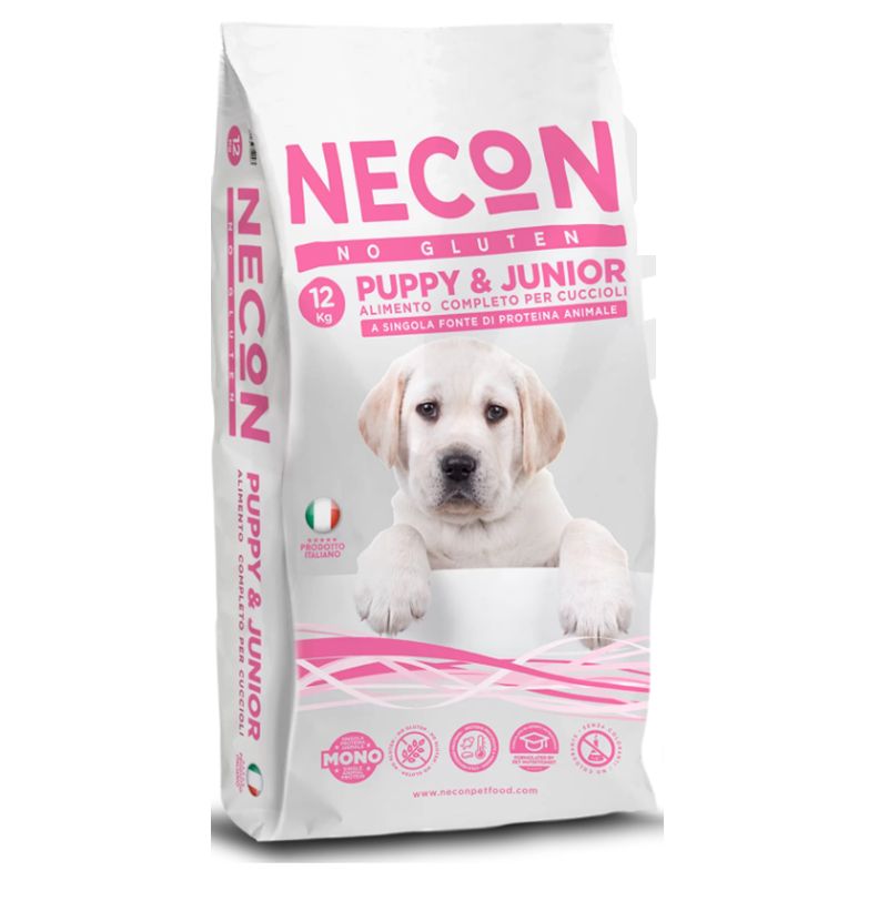Weißer Beutel mit rosa Schriftzug. Aufdruck: NECON, NO GLUTEN, PUPPY & JUNIOR. Abbildung eines Welpen. Italienische Flagge.