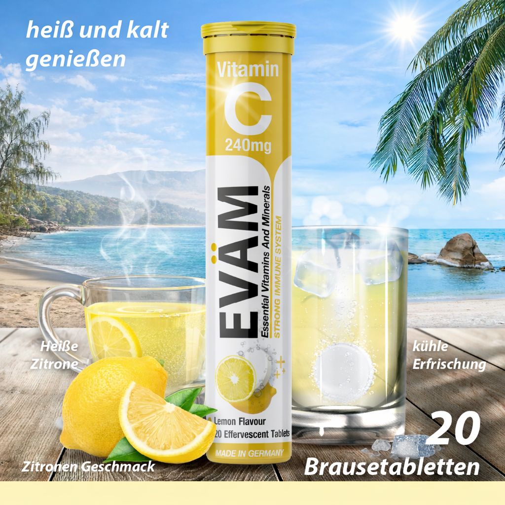 Zwei Gläser mit Getränken, Tube mit EVÄM Vitamin C. Aufschrift: 20 Brausetabletten. Zitronen und Strand im Hintergrund.