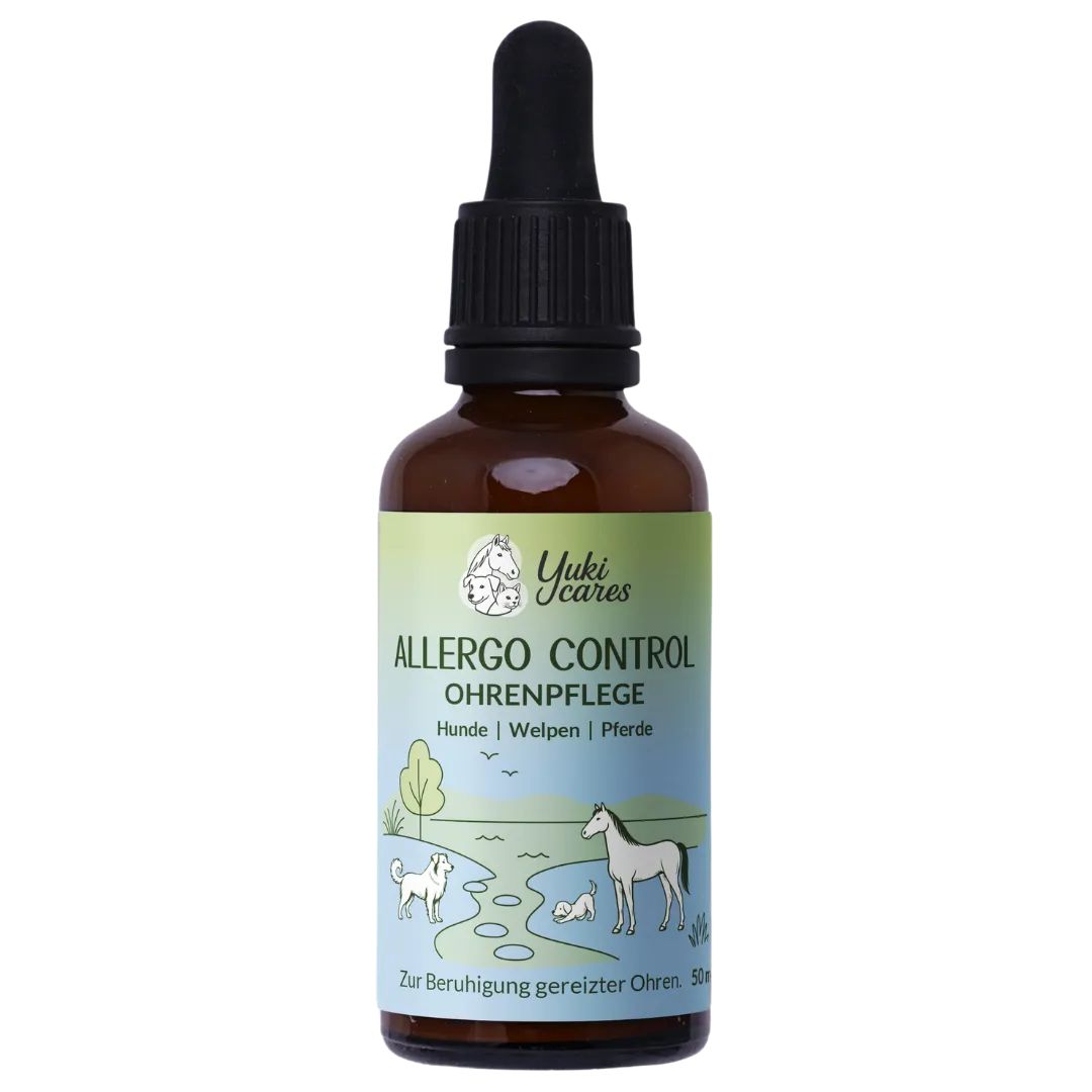 Braune Glasflasche mit schwarzem Tropfer. Etikett mit Produktname und Illustrationen. Weißer Hintergrund.