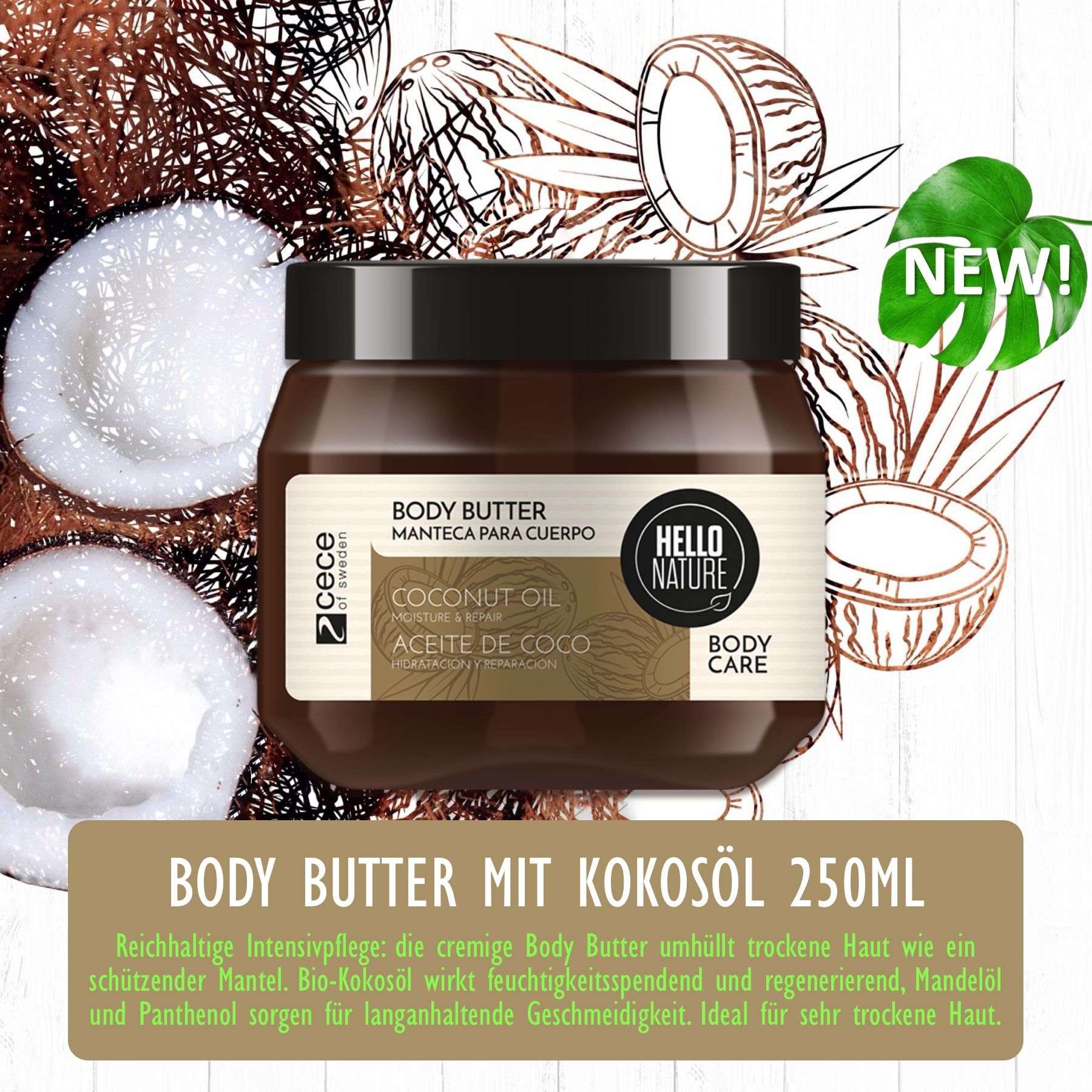Body Butter in einem braunen Glas mit schwarzem Deckel. Aufschrift: Body Butter mit Kokosöl. Marke: Hello Nature. Mit Kokosnuss-Illustrationen.