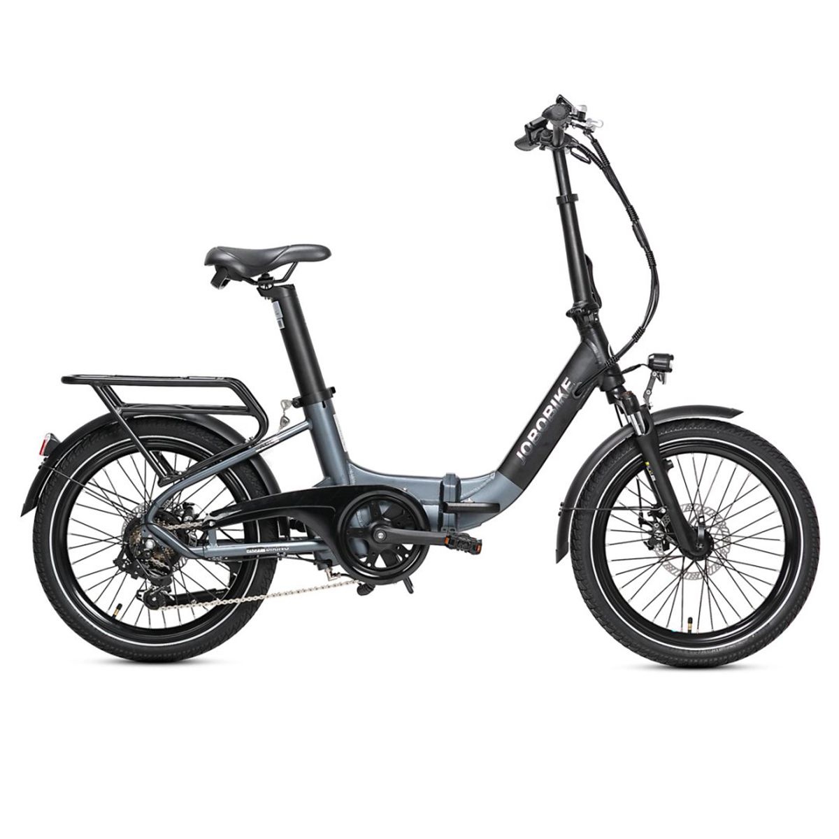 Faltbares E-Bike, schwarz und grau. Seitenansicht. JOBOBIKE-Logo auf dem Rahmen.