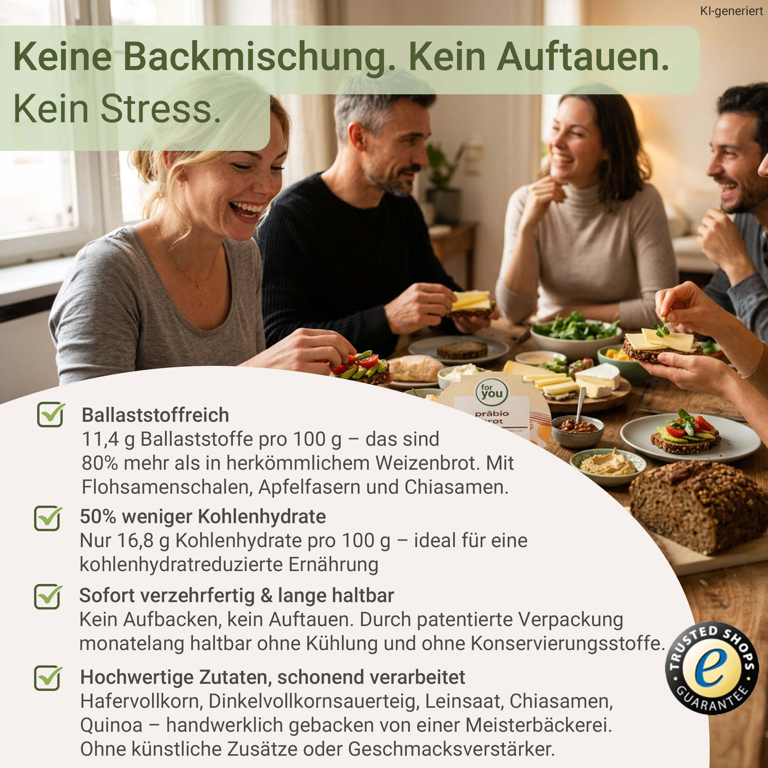 Geselliges Essen mit Präbiotik-Brot, reich an Ballaststoffen und kohlenhydratreduziert.