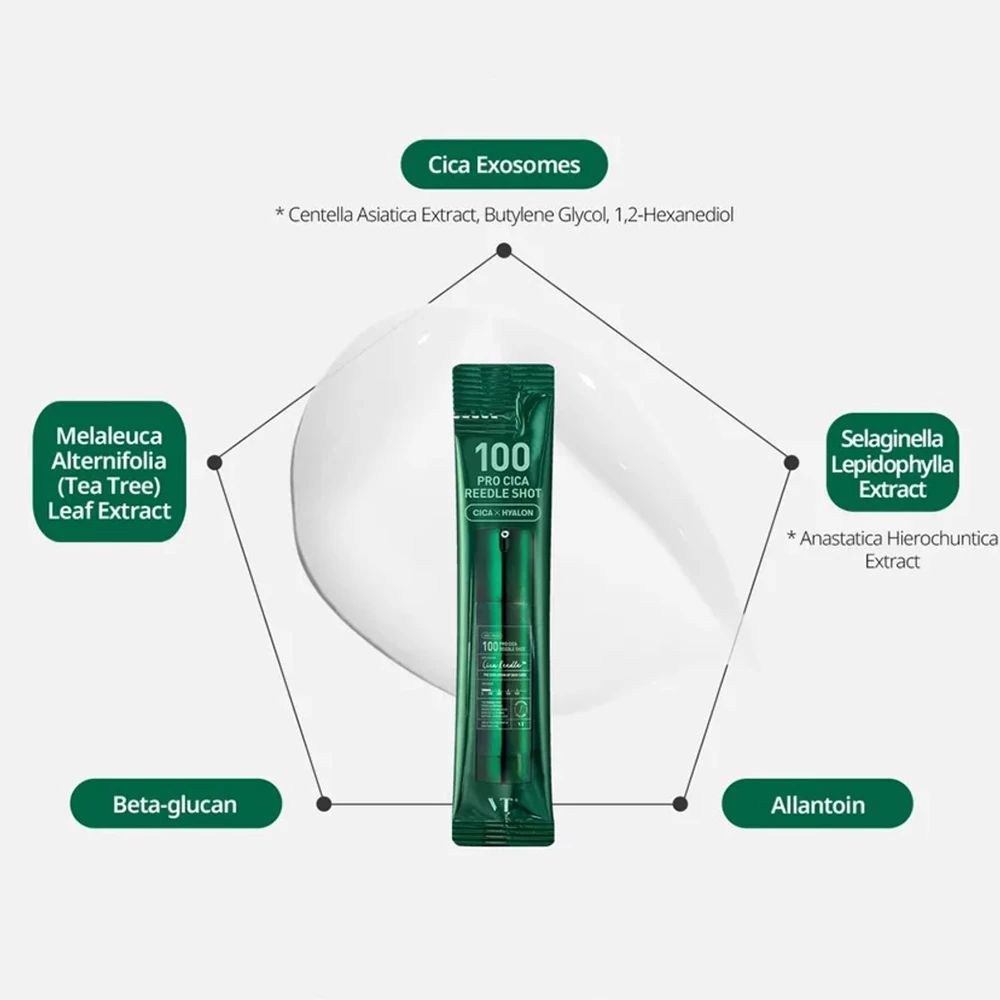 Grüner Beutel mit der Aufschrift '100 PRO CICA NEEDLE SHOT'. Enthält Extrakte wie Cica Exosomes und Teebaum.