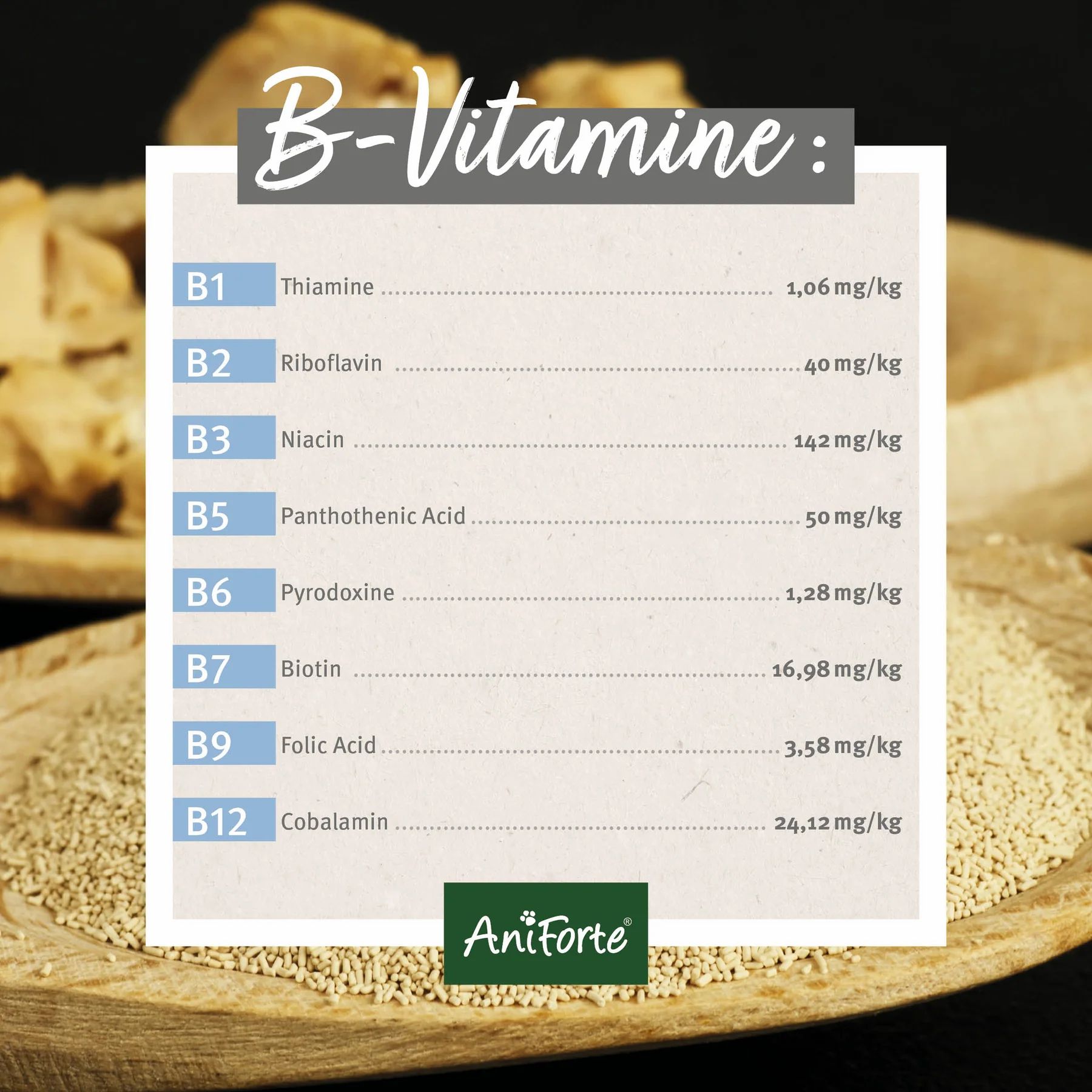Tabelle mit B-Vitaminen. Auflistung von Thiamin, Riboflavin, Niacin, Pantothensäure, Pyridoxin, Biotin, Folsäure, Cobalamin.