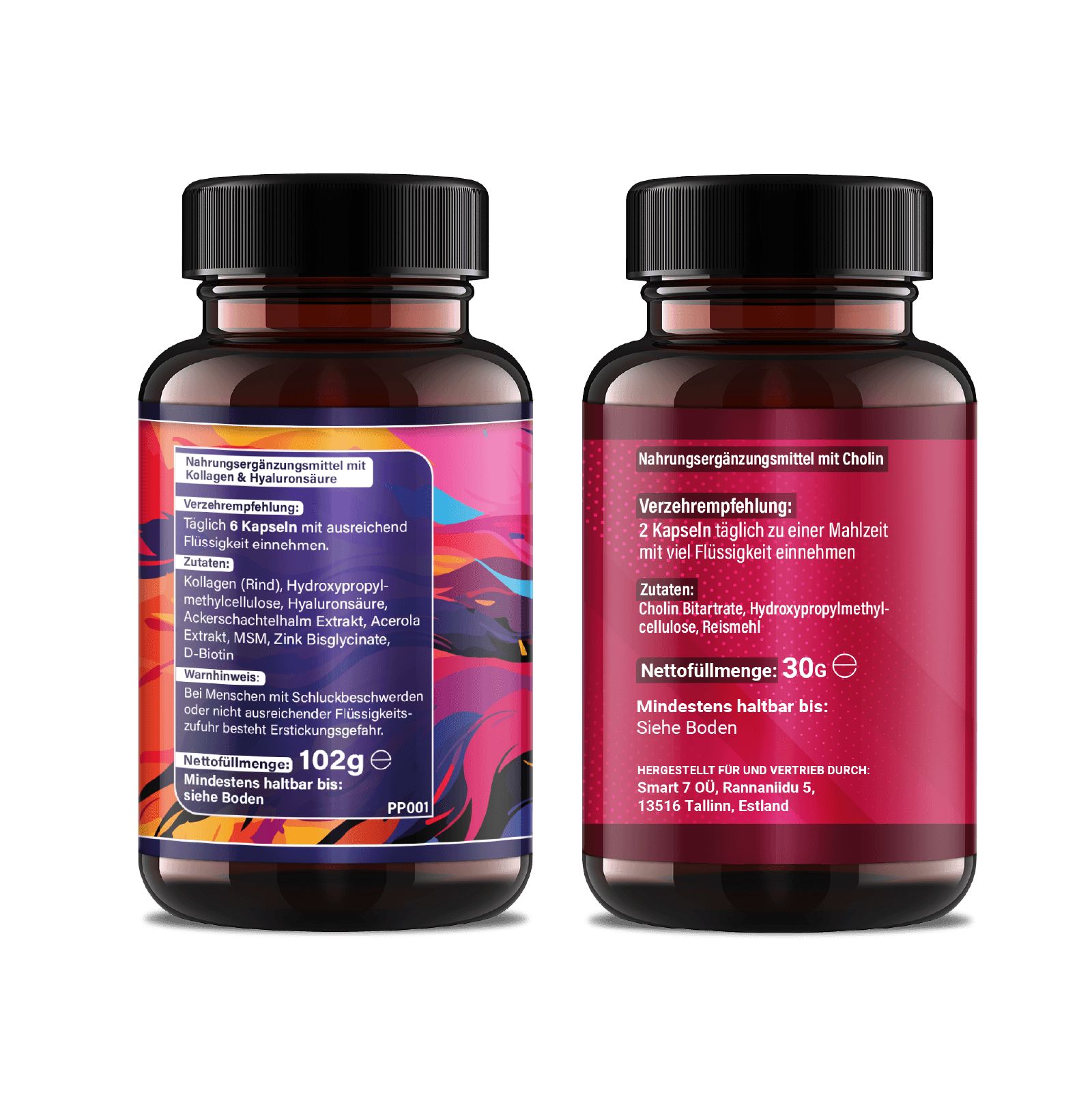 Rückseite von zwei Flaschen Saint Nutrition® Kollagen & Hyaluron Kapseln und Cholin Bitartrat Kapseln. Etiketten mit Text.