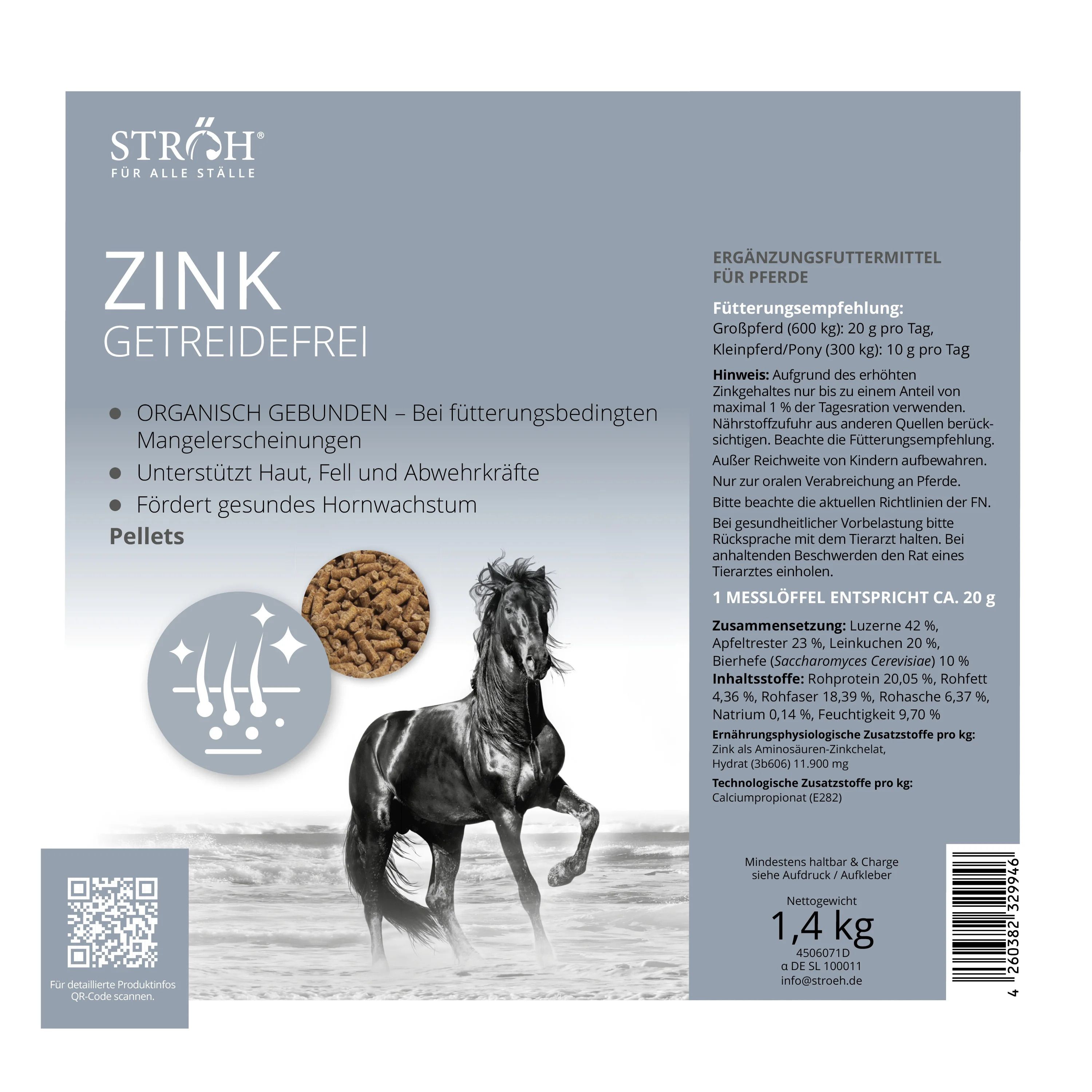 Zink-Ergänzungsfuttermittel, 1,4 kg. Produktinformationen, Inhaltsstoffe, Fütterungsempfehlung. Abbildung eines Pferdes.