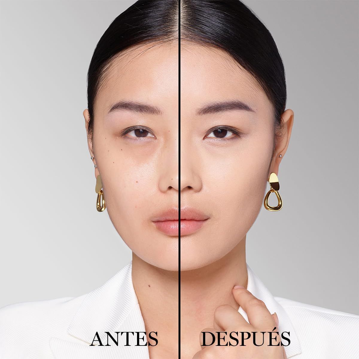 Gesicht einer Frau, geteilt in vorher und nachher. Aufschrift: Antes, Después.