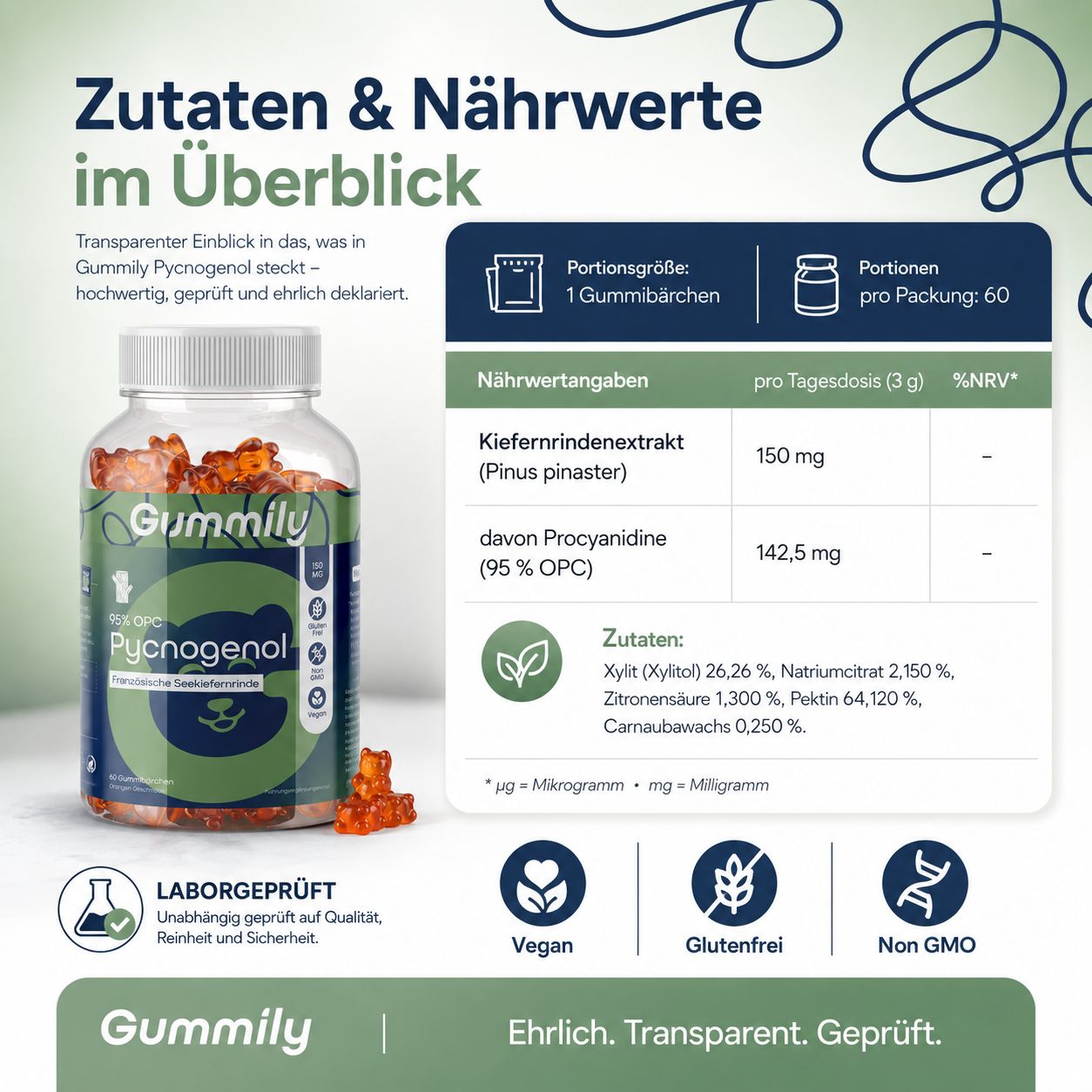 Gummily Pycnogenol Gummibärchen: Zutaten, Nährwerte, vegan, glutenfrei, Non GMO.