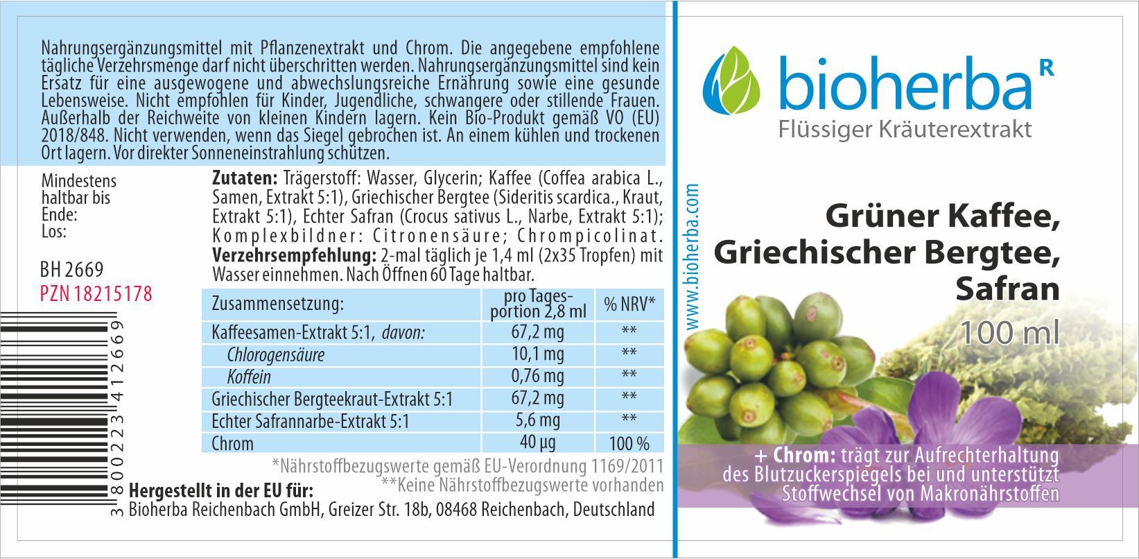 Bioherba Grüner Kaffee Griechischer Bergtee Safran Tropfen Tinktur