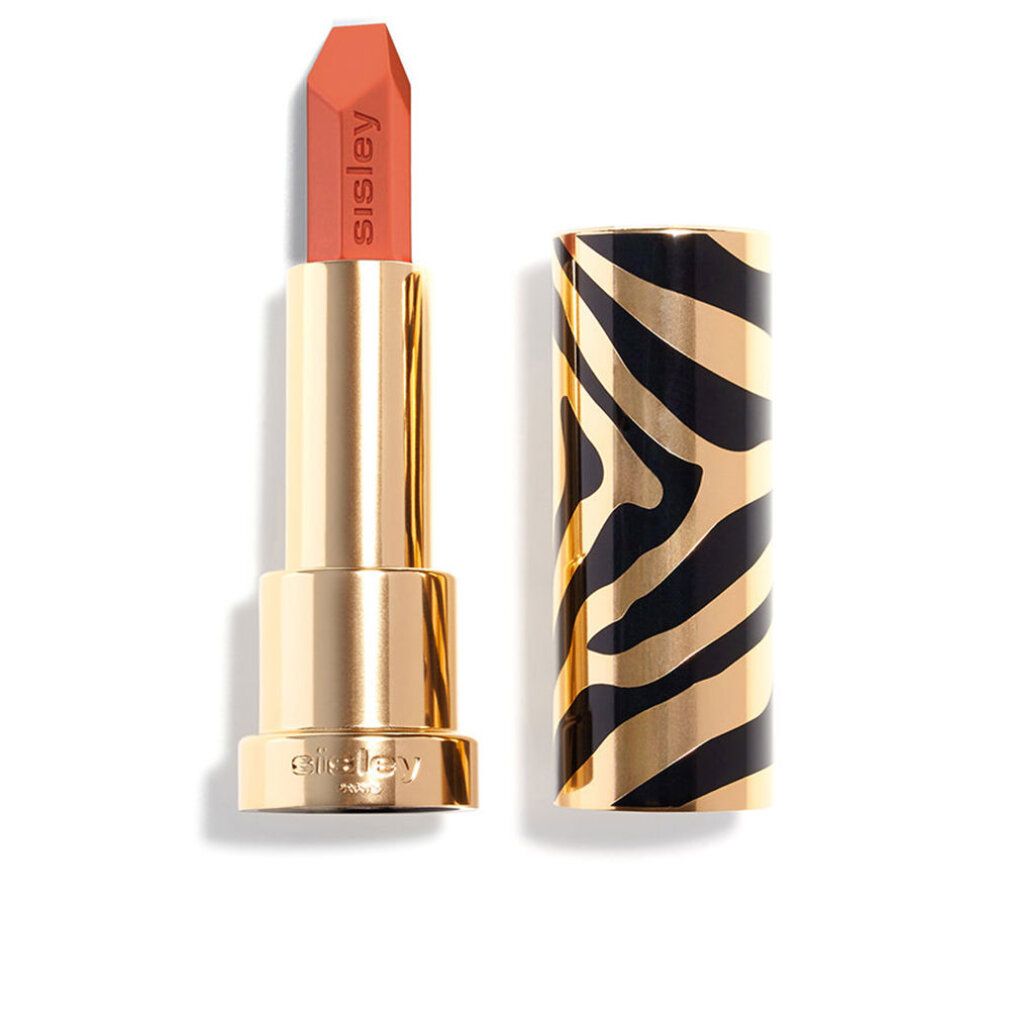 Lippenstift mit goldfarbenem Gehäuse und Zebra-Muster. Der Lippenstift ist orange und trägt den Schriftzug "Sisley".