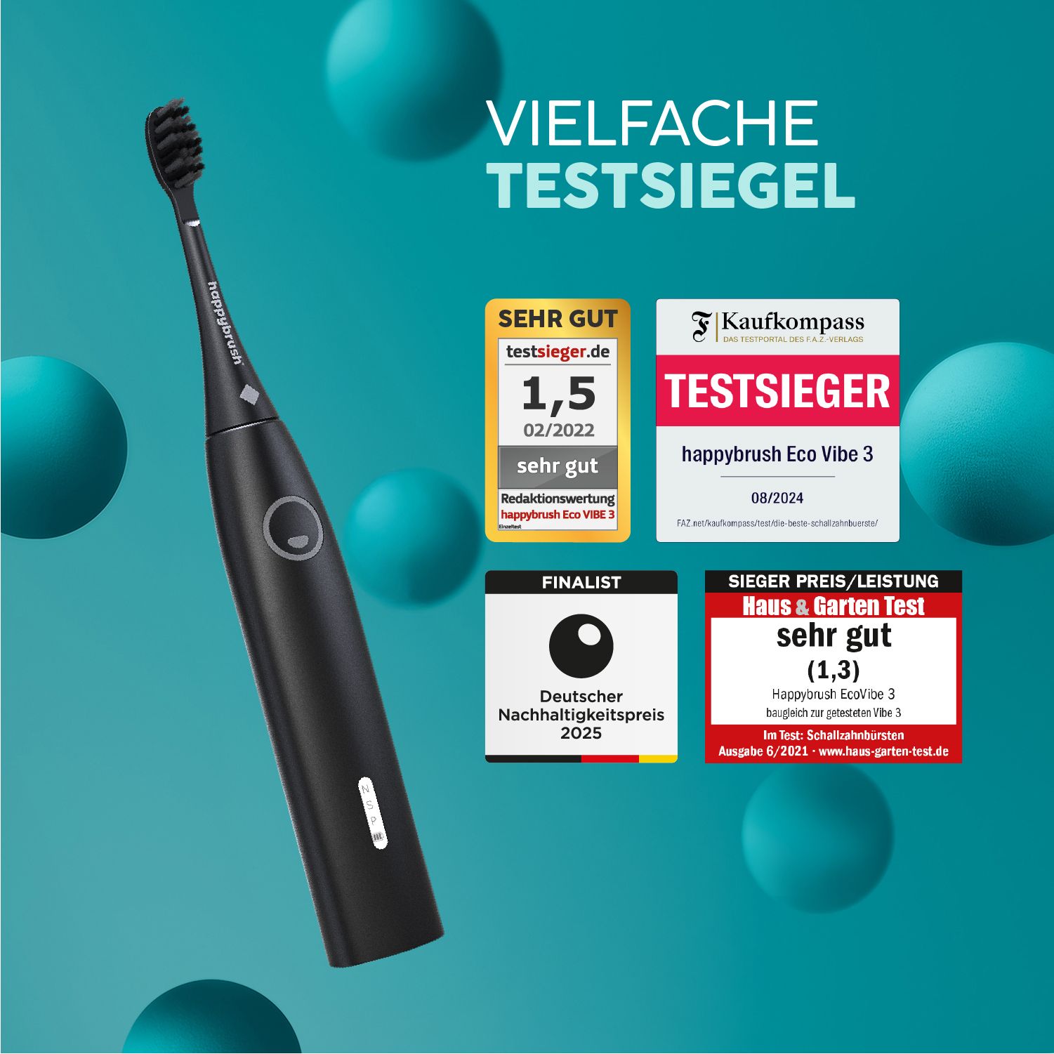 Schallzahnbürste, schwarz, mit Test-Siegeln. Logos von Testberichten, darunter 'Sehr Gut' und 'Testsieger'.