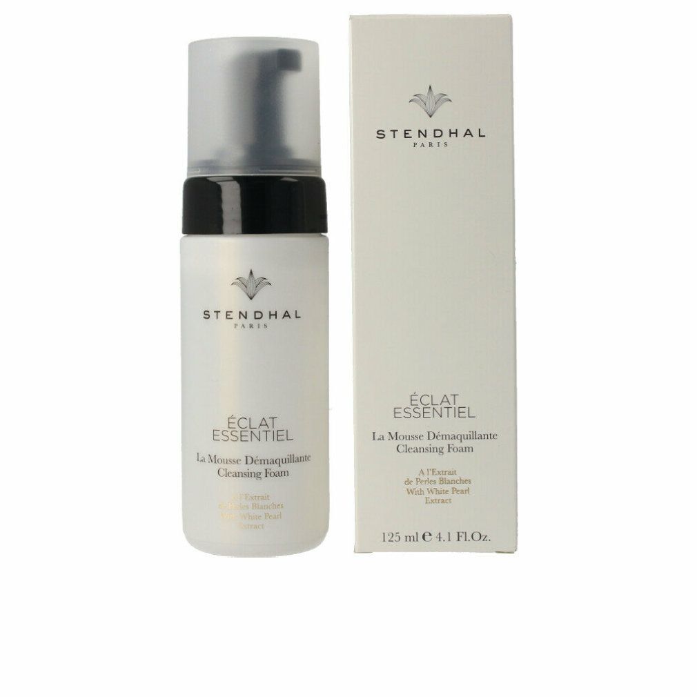 Weißes Fläschchen mit schwarzem Pumpkopf und Karton. Aufschrift: Stendhal Paris, Éclat Essentiel, La Mousse Demaquillante Cleansing Foam.