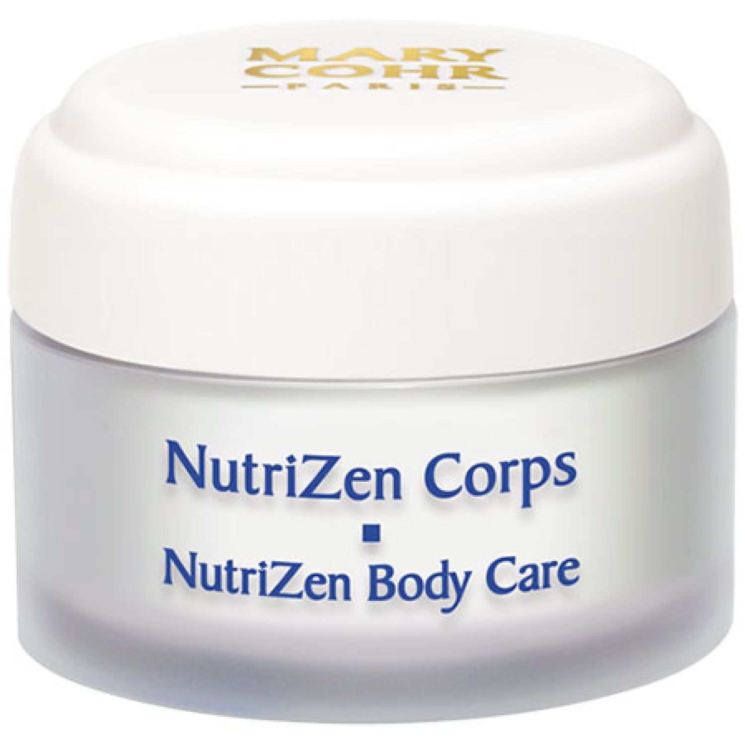 Weißer Tiegel mit Deckel. Auf dem Deckel steht goldfarben "MARY COHR - PARIS". Auf dem Tiegel steht "NutriZen Corps" und "NutriZen Body Care" in Blau.
