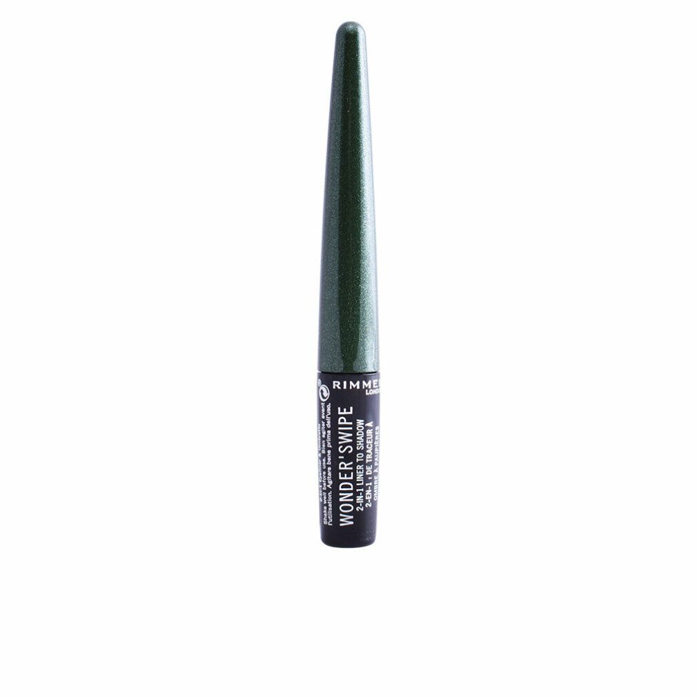 Eyeliner mit grünem Schimmer. Schwarze Schrift: Rimmel London, Wonder Swipe 2-in-1 Liner to Shadow.