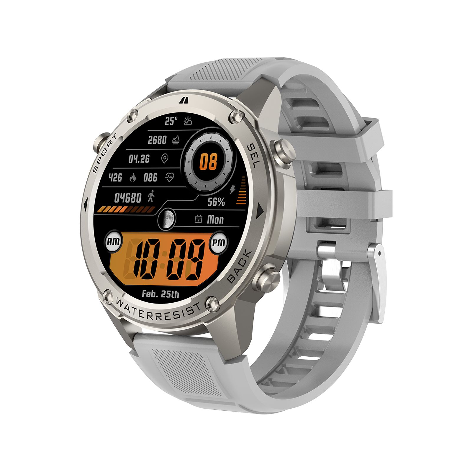 Graue Smartwatch mit rundem Zifferblatt. Zeigt Uhrzeit, Datum und Gesundheitsdaten an. Wasserdicht.