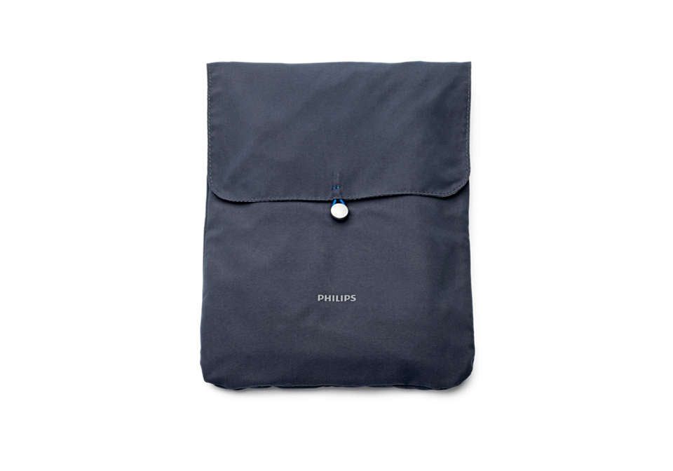 Dunkelblauer Stoffbeutel mit Knopfverschluss und Philips Logo.