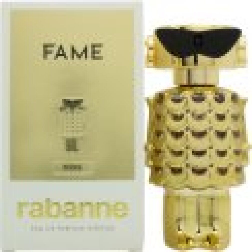 Flakon und Verpackung. Goldfarbener Flakon in Form einer Figur mit Sonnenbrille. Verpackung mit FAME-Schriftzug.