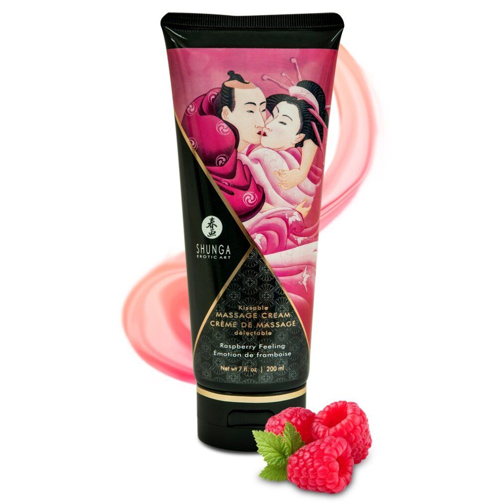 Tube Massagecreme mit Paar-Illustration und Himbeeren. Text: Kissable Massage Cream, Himbeerduft. Schwarzer Deckel und Boden.